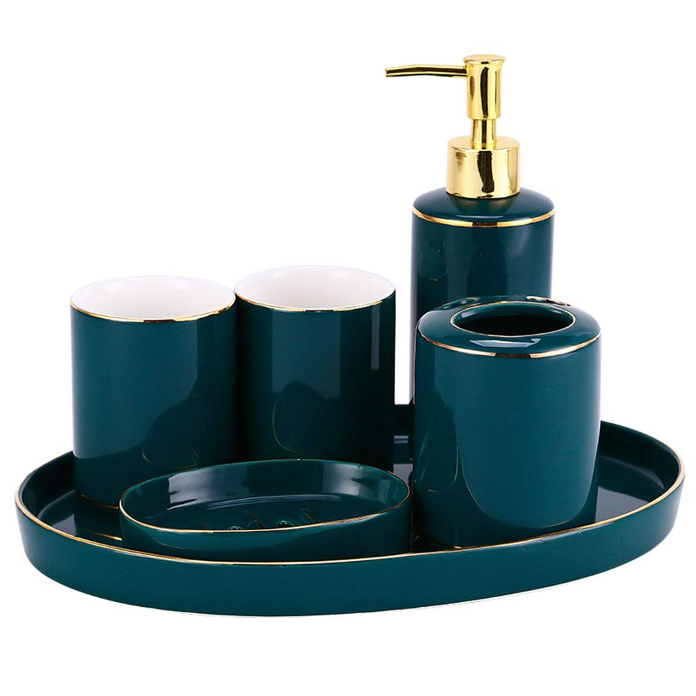 Premium 5-Piece Ceramic Bathroom Set - Soap Dispenser, Toothbrush Holder, Soap Dish, Wash Cup & Tray in Elegant Peacock Green | Perfect for Modern Bathrooms, Guest Suites & Spa-Style Decor