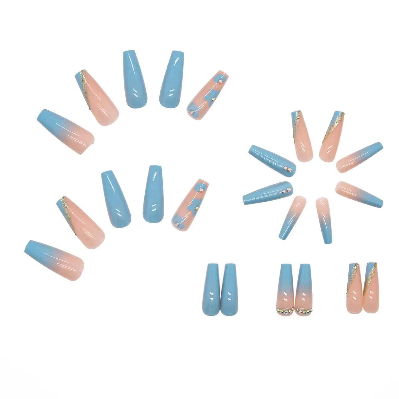 Extra Long Ballet Coffin Press-On Nails - Blue Gradient Flower Design with Bevel Edge & French Rhinestones - 24PCS Fake Nails for Women & Girls - Perfect for Parties, Weddings, and Special Occasions