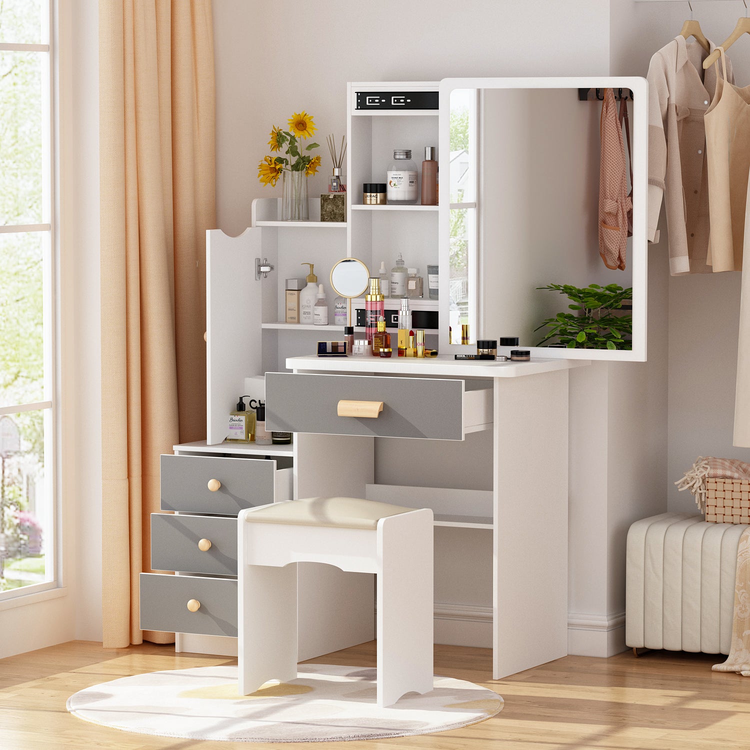 Vanity Set with Sliding Mirror, 4 Drawers & Shelves - Includes Cushioned Stool for Makeup & Dressing Room Organization - Perfect for Bedroom, Bathroom & Beauty Salon Decor