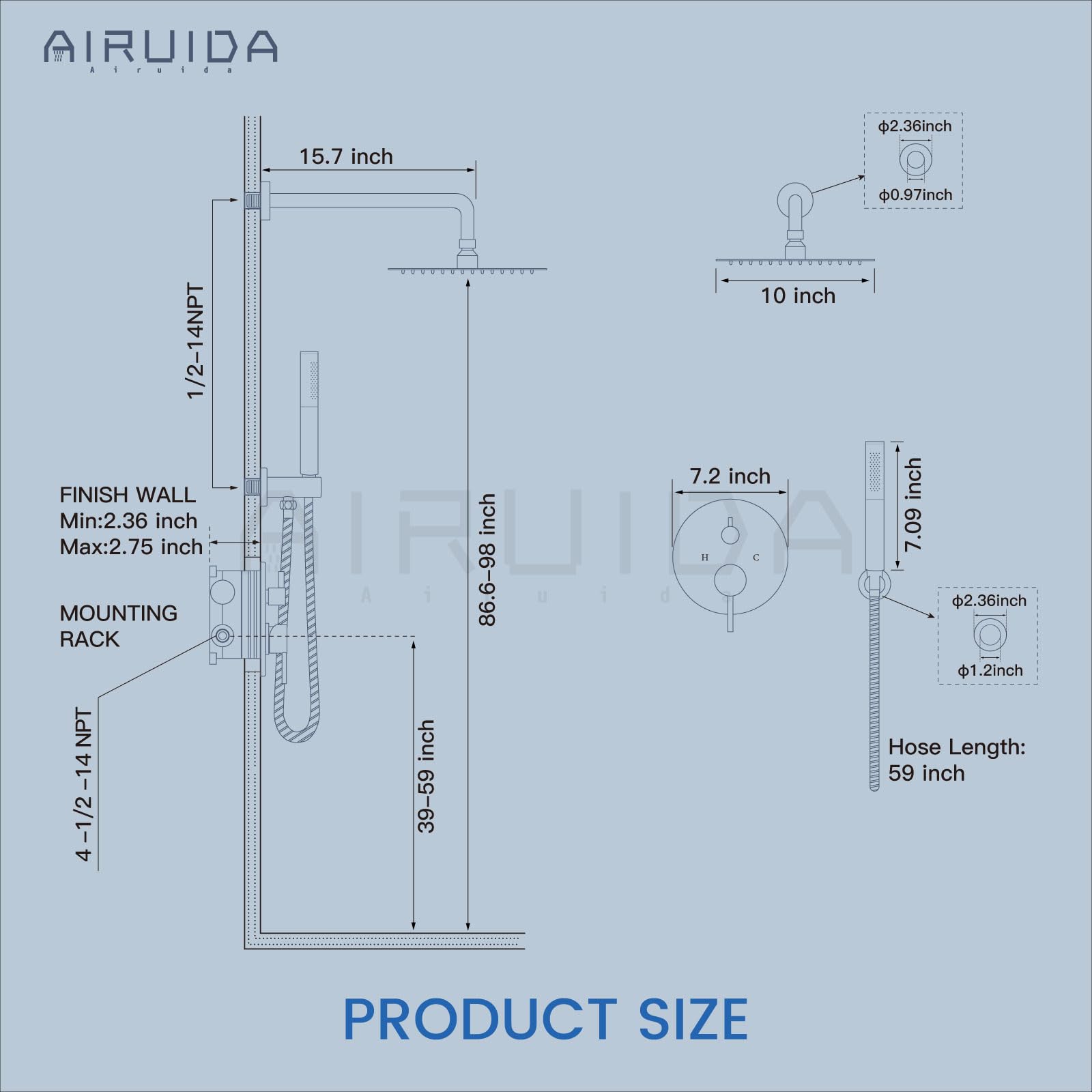 Airuida 2-Function Wall Mounted Shower Faucet Set - High Pressure Brass Handheld Shower with Rough-in Valve & 10 Inch Rainfall Shower Head in Brushed Nickel for Bathroom | Perfect for Spa-Like Experience and Water-Saving Showers
