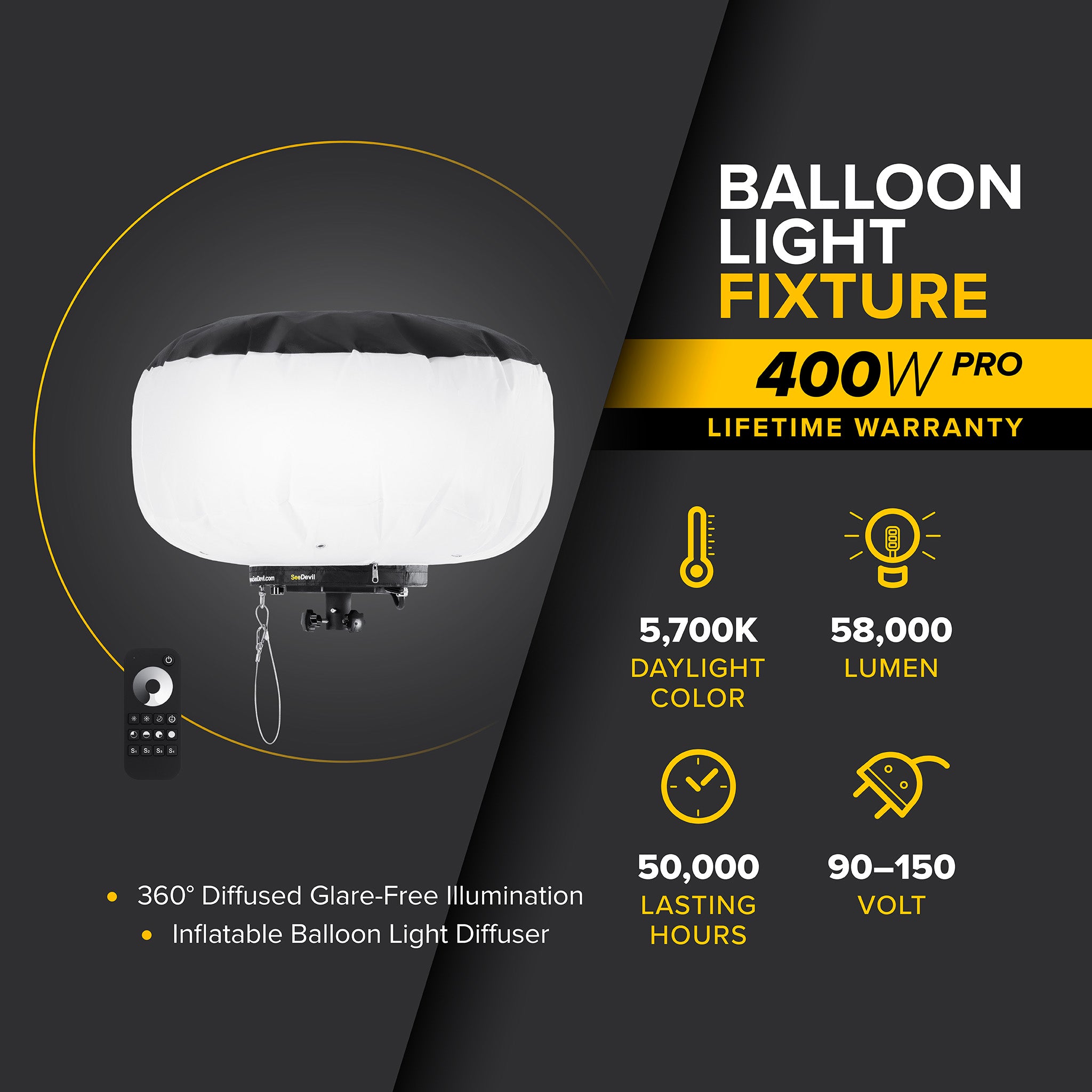 G3 400 Watt LED Balloon Light Fixture - Commercial Grade Outdoor Event Lighting for Parties, Construction Sites & Emergency Lighting