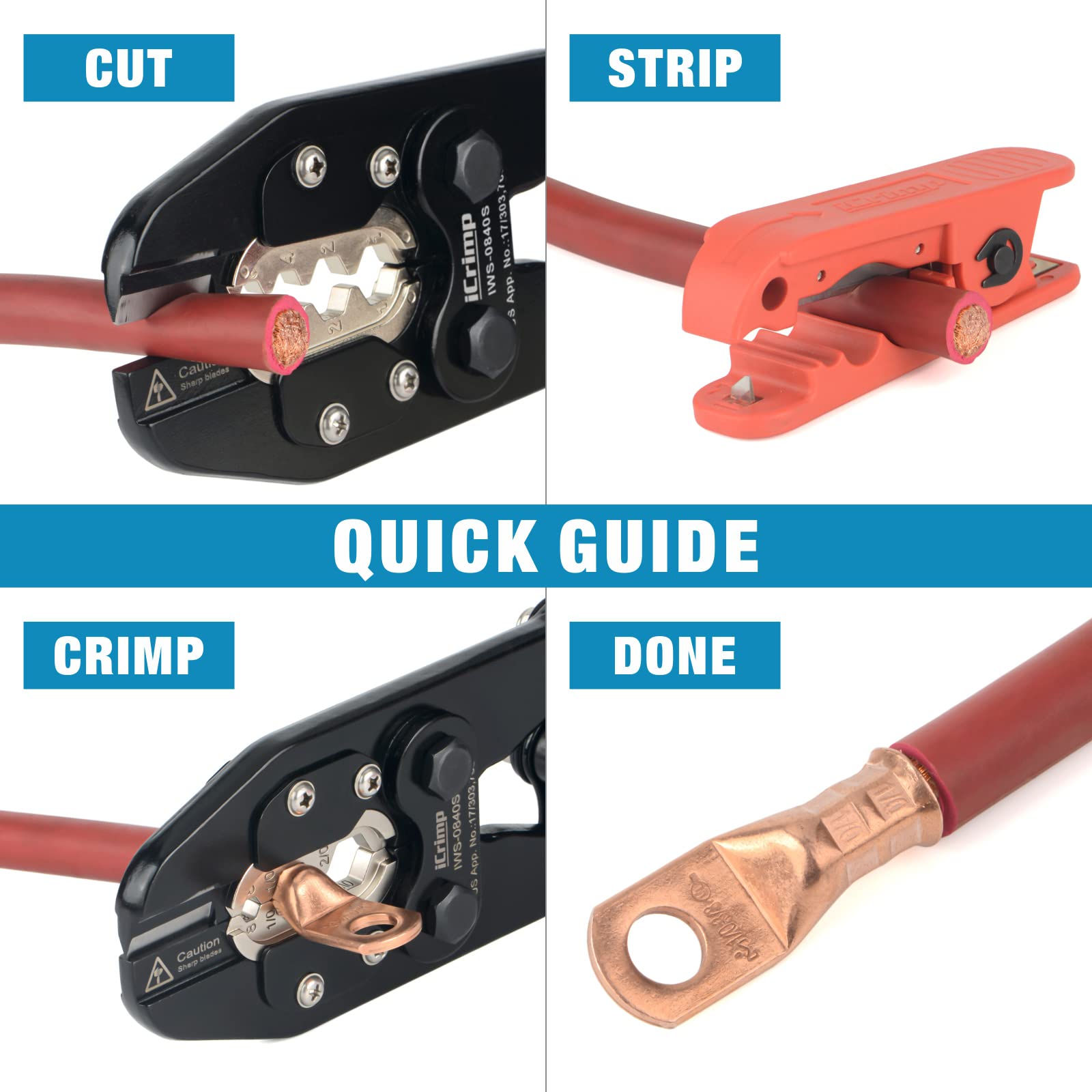 Professional iCrimp Battery Cable Lug Crimper Kit for 8-4/0 AWG Copper Terminals - Heavy Duty Crimping Tool with Wire Stripper for Battery Cables, Ring Terminals & Splices - Perfect for Automotive, Marine & Solar Power Installations