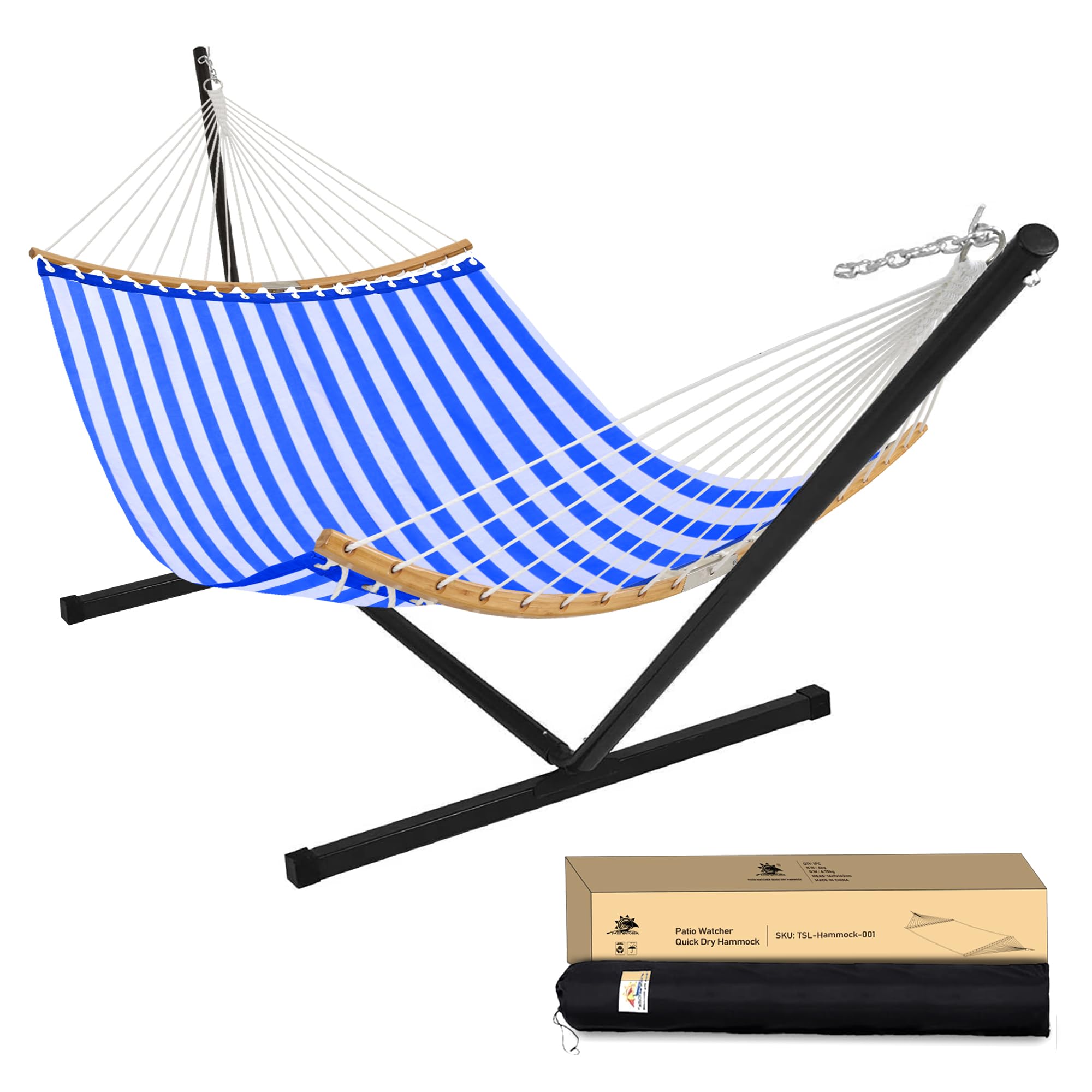 12 FT Quick-Dry Double Hammock with Curved Bamboo Spreader Bar & Steel Stand - 450 lbs Capacity Blue/White for Backyard, Patio & Camping - Perfect for Relaxation, Lounging & Outdoor Adventures