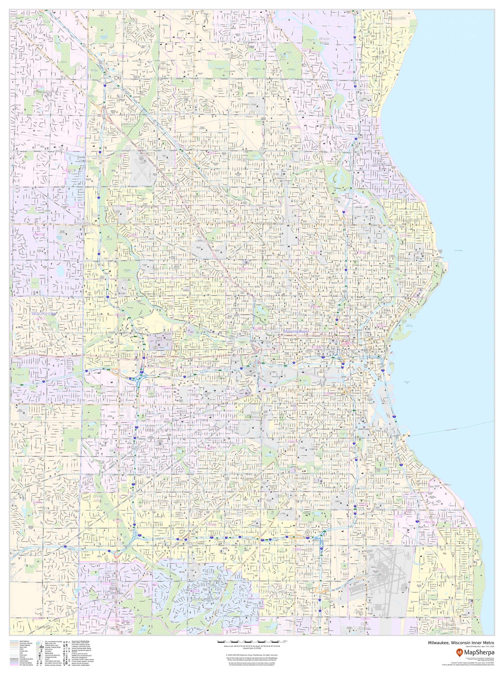 Milwaukee Wisconsin Inner Metro Laminated Wall Map - 36x48 Inch Large Detailed City Portrait - Perfect for Home, Office & Classroom Decor