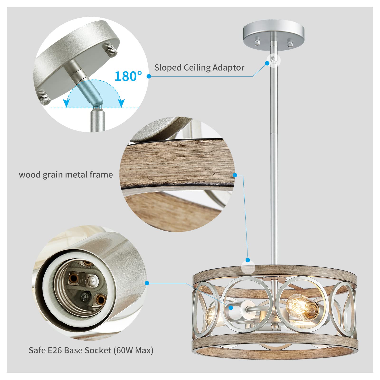 Modern Adjustable Height Pendant Light - Brushed Nickel & Wood Grain Metal 13