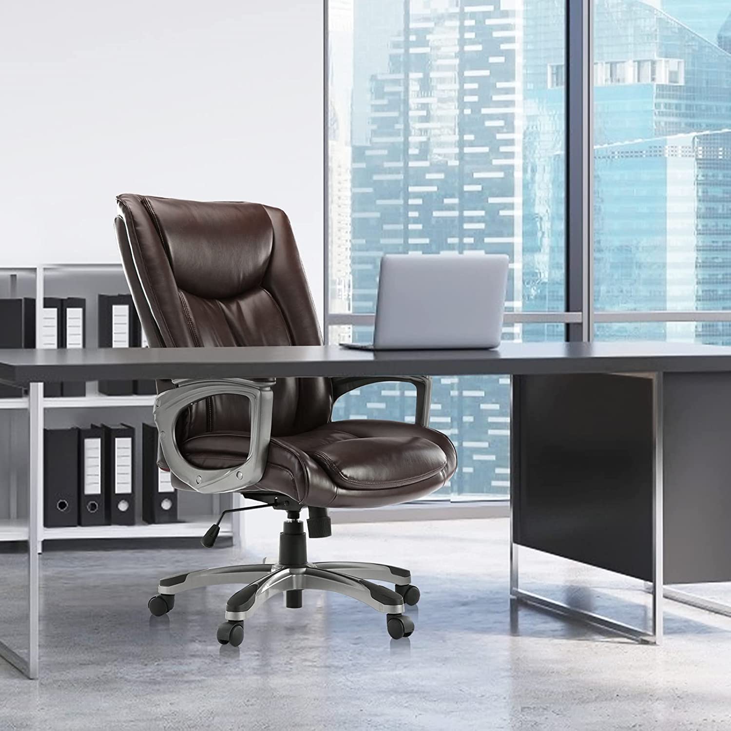 Ergonomic High Back Executive Office Chair - Adjustable Height & Lumbar Support, Faux Leather Swivel Desk Chair for Home & Office, Dark Brown - Perfect for Long Work Hours & Managerial Workspaces