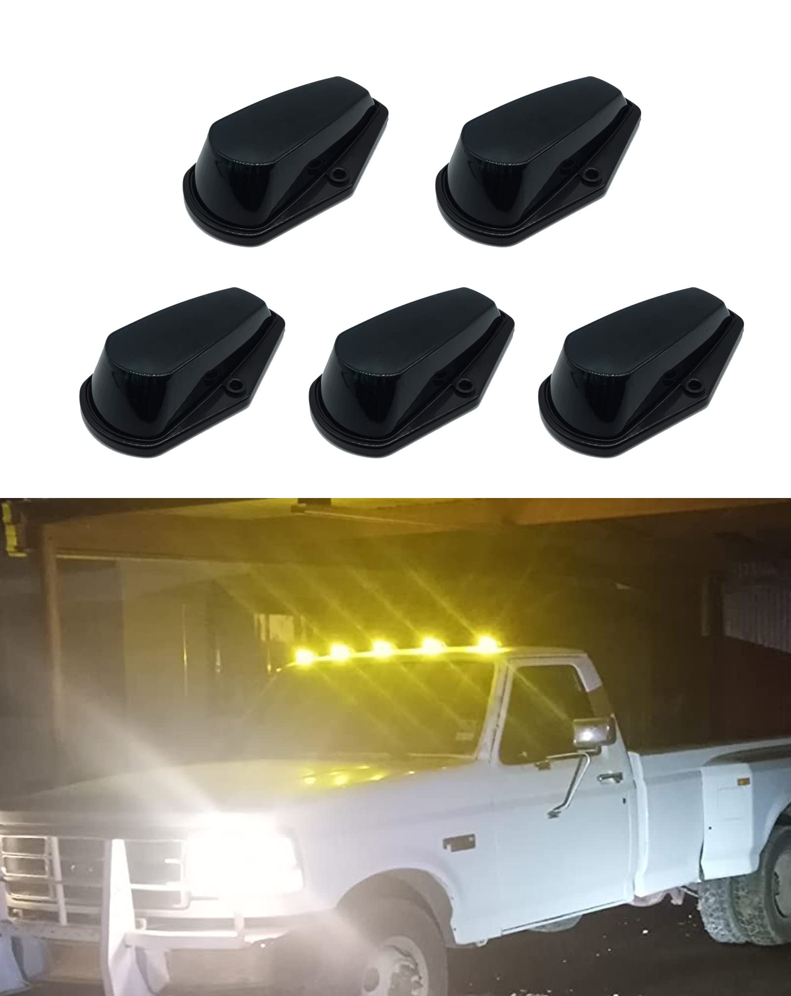 5 PCS Black Roof Running Lights with 5X T10 Amber LED Bulbs - Compatible with Ford F150 F250 F350 1973-1997 Super Duty Pickup Trucks (Black Lens & Amber LED) - Perfect for Night Driving & Off-Road Adventures