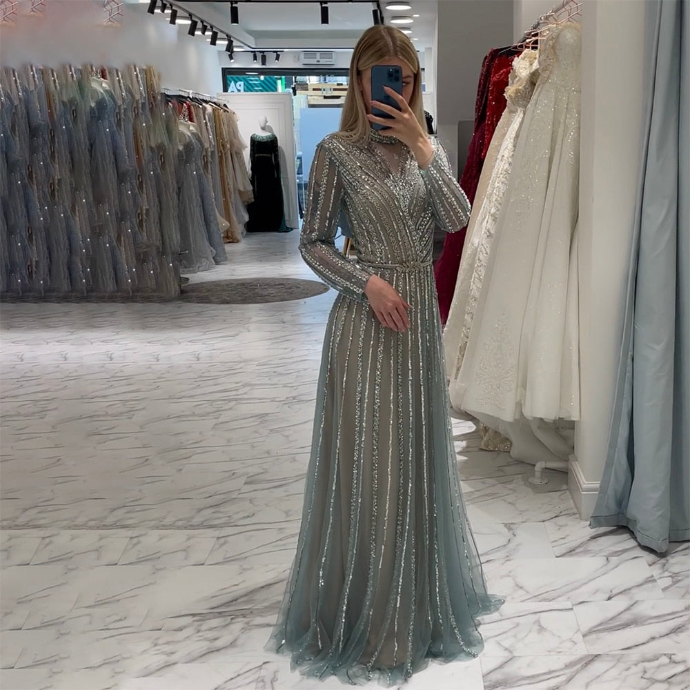 Luxury Muslim Turquoise Beaded A-Line Evening Gown for Women - Dubai Style Long Dress for Wedding, Party & Special Occasions 2025 | Elegant Formal Wear for Brides, Prom & Evening Events