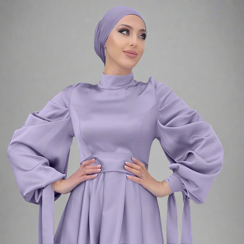 Elegant Muslim Women's Plain Satin Abaya Dress with Matching Hijab Scarf - Perfect for Prayer, Eid Celebrations & Modest Fashion