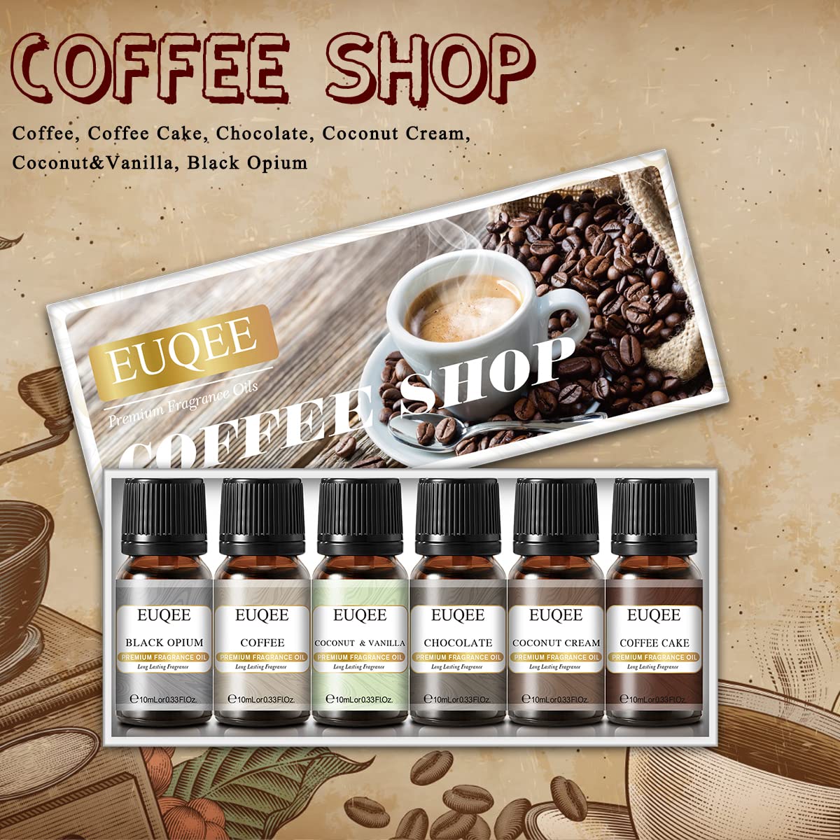 6PCS Premium Coffee Shop Essential Oils - 10ml for Aromatherapy & Relaxation