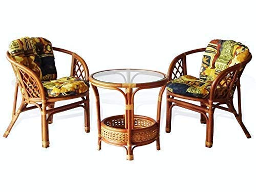 Natural Rattan Wicker Bahama Armchair Set with Cushion & Round Coffee Table - Tropical Style Lounge Furniture for Patio, Porch, Beach House & Garden Decor