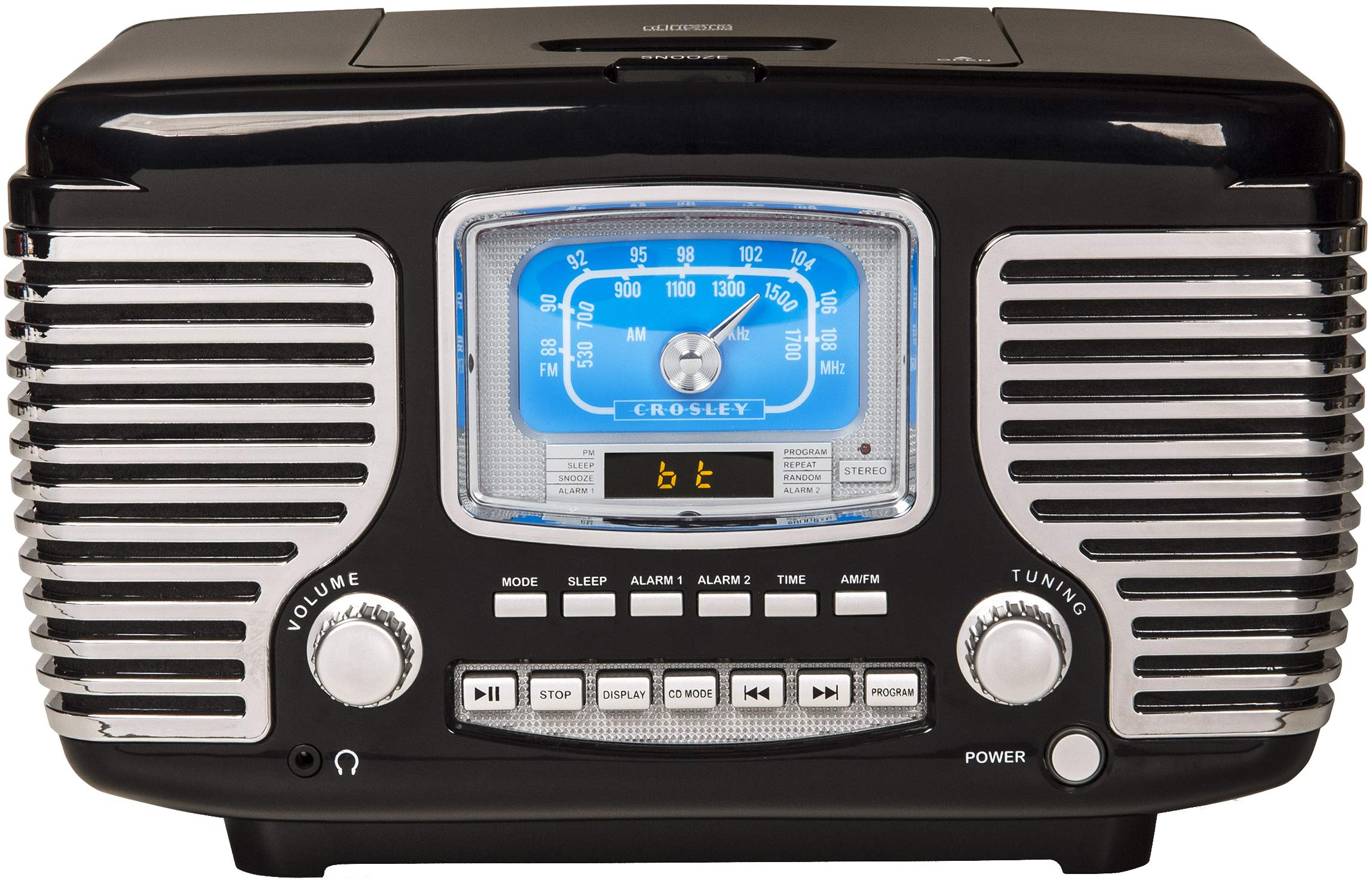 Crosley CR612B-BK Corsair Bluetooth AM/FM Radio with CD Player & Dual Alarm Clock - Vintage Tabletop Stereo for Bedroom, Office, and Kitchen (Black)