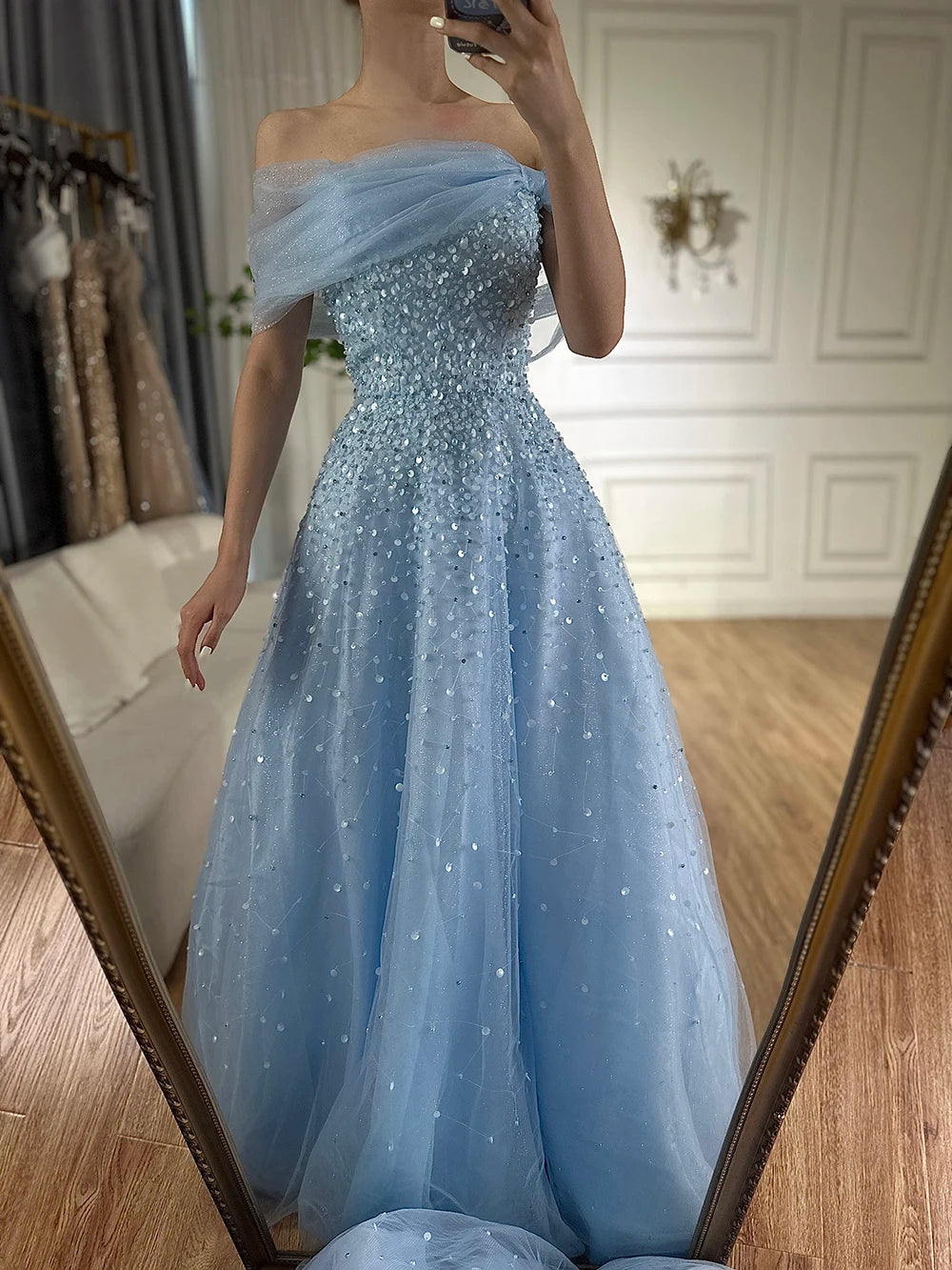 Elegant Blue Beaded Off-Shoulder A-Line Long Evening Gown for Women - Dubai Arabic Inspired Formal Dress LA72009A - Perfect for Weddings, Galas & Special Occasions