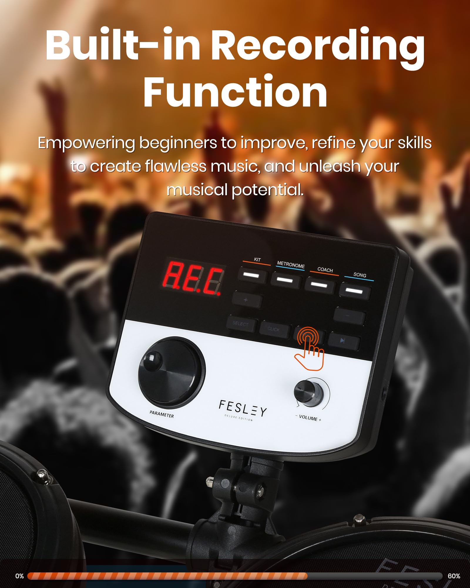 Fesley 5-Piece Electronic Drum Set with 3 Cymbals & 4 Quiet Mesh Pads - Complete E-Drum Kit for Beginners & Adults (Includes Drum Throne, Headphones, Sticks, USB MIDI) - Perfect for Home Practice, Studio Recording & Live Performances