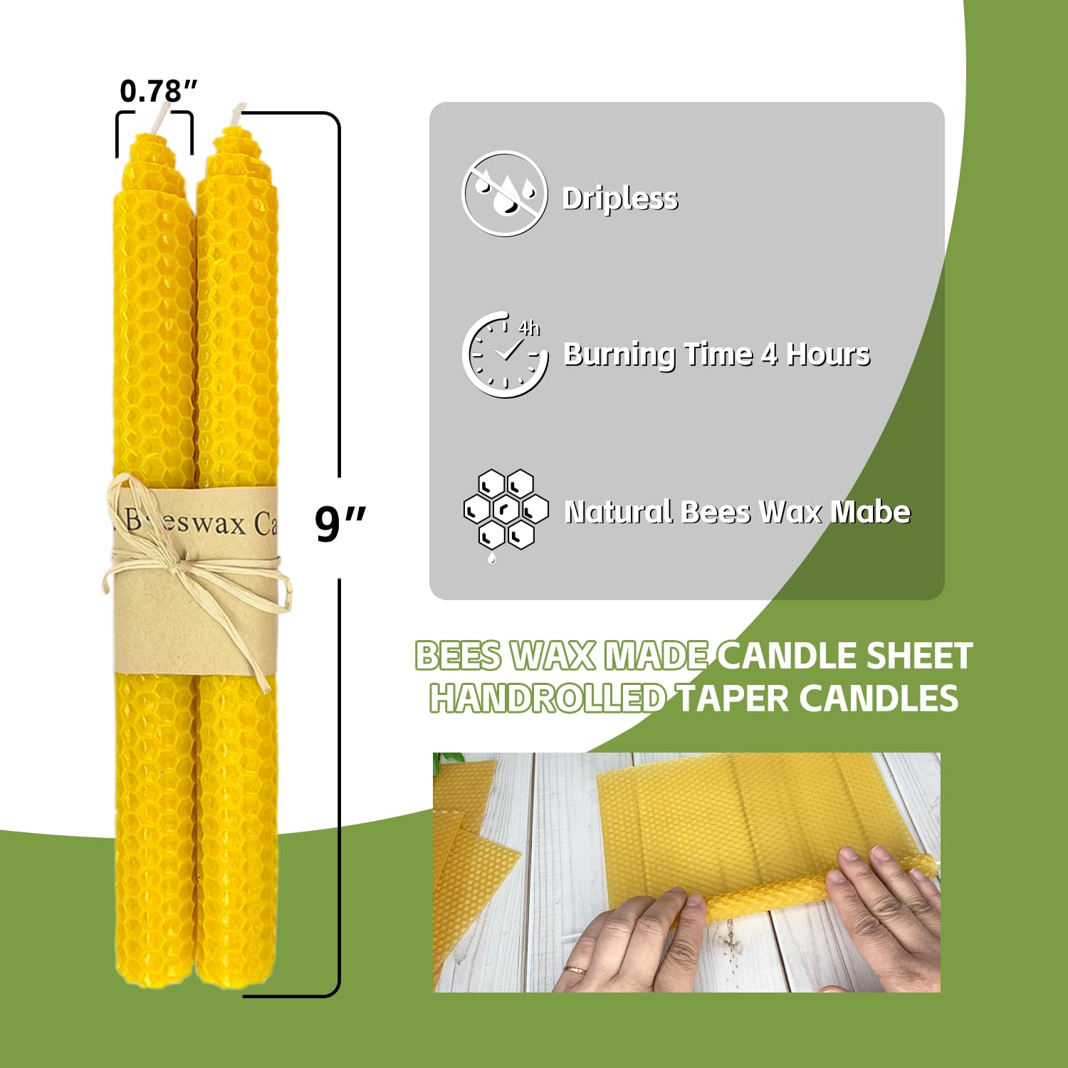 14 Pack Natural Beeswax Taper Candles - 9 Inch Hand-Rolled Dripless Unscented Candle Sticks for Home Decor, Wedding Centerpieces, Romantic Dinners & Meditation - Premium Yellow Beeswax Candles by Kissingfish