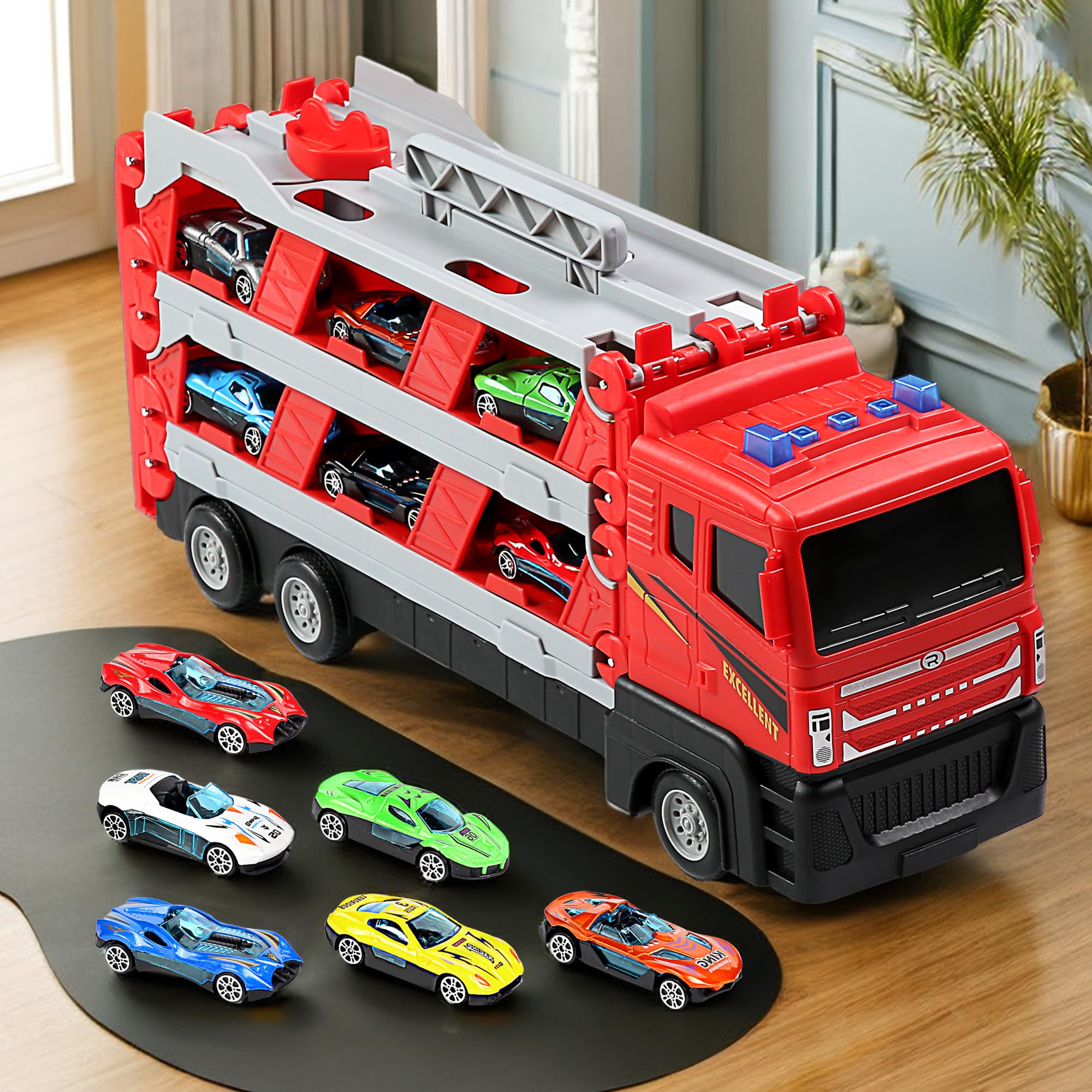 Mega Hauler Truck with Ejection Race Track - 7-in-1 Transformer Toy Truck with 6 Metal Race Cars, Music & Lights - Best Gift for Boys & Girls Ages 4-13 - Perfect for Indoor Play, Birthday Parties & STEM Learning