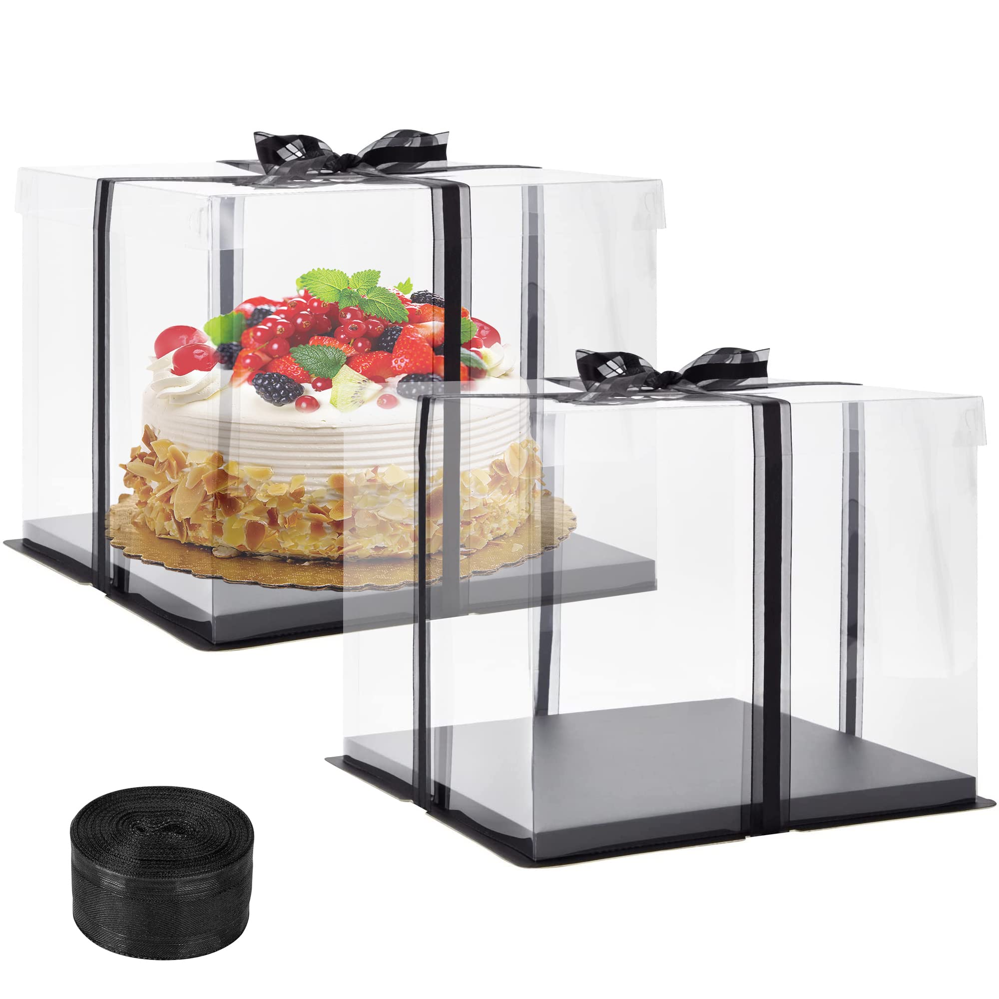2 Pcs Clear Plastic Cake Boxes 10x10x9 Inches with Ribbon, 2-Tier Tall Layer Gift Box with Lid, Transparent Window Packaging for Wedding, Birthday Party, Gift Display - Perfect for Desserts, Cupcakes, and Pastries (Black)