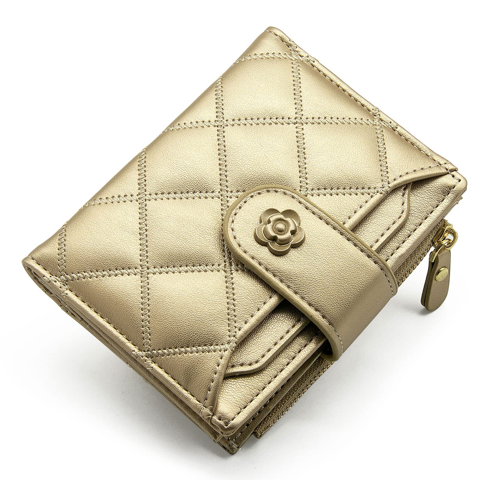 LJCZKA Vegan Leather Women's Wallet - RFID Blocking Bifold Card Holder with Zipper Pocket & ID Window for Cash, Coins & Cards (Gold) | Perfect for Travel, Shopping & Everyday Use