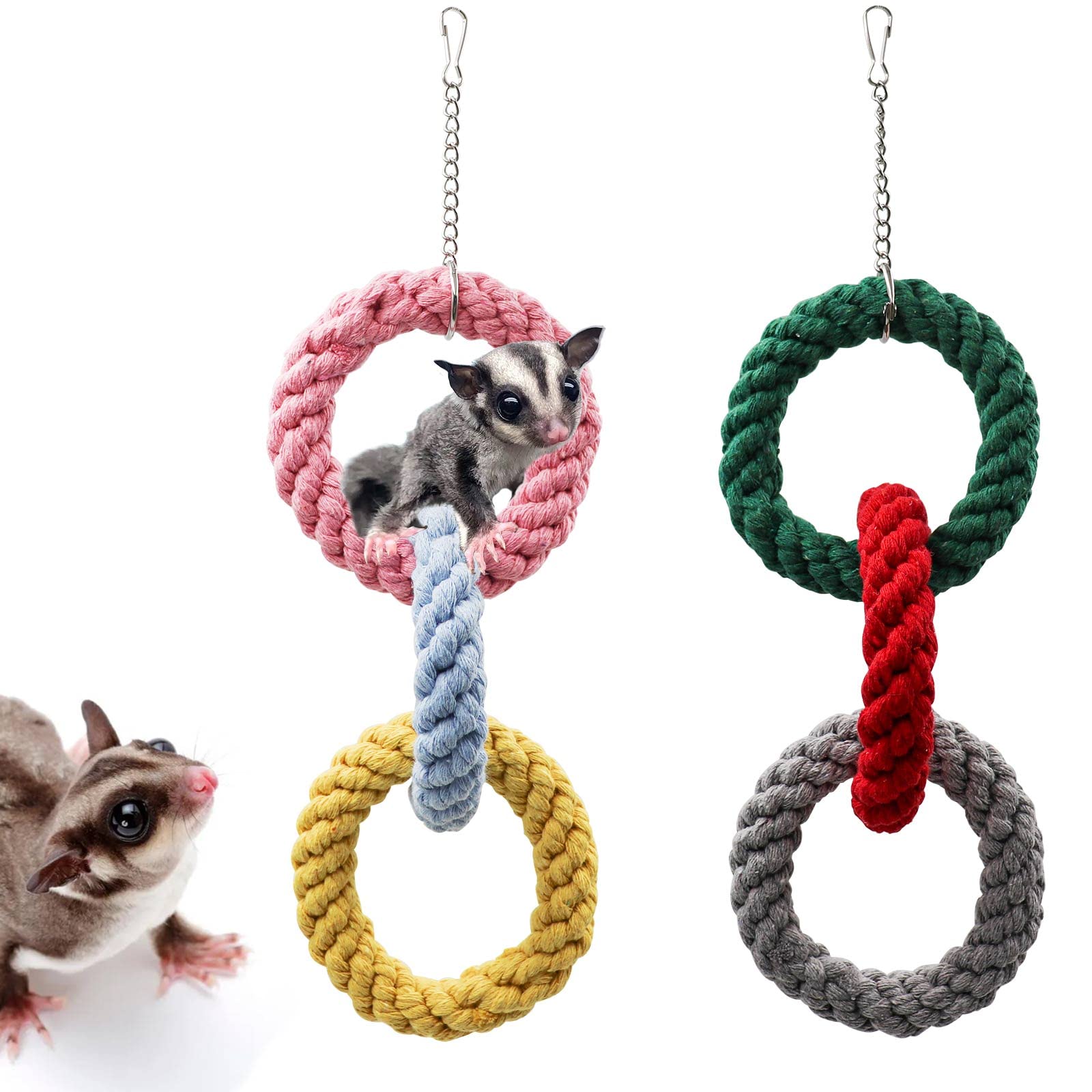 2 Pack Colorful Sugar Glider Climbing Toys - 3-Ring Hanging Swing for Small Pets Like Hamsters, Rats, Ferrets & Squirrels | Cage Accessories for Sugar Gliders, Chinchillas & Parrots | Perfect for Climbing, Exercise & Playtime in Small Animal Cages
