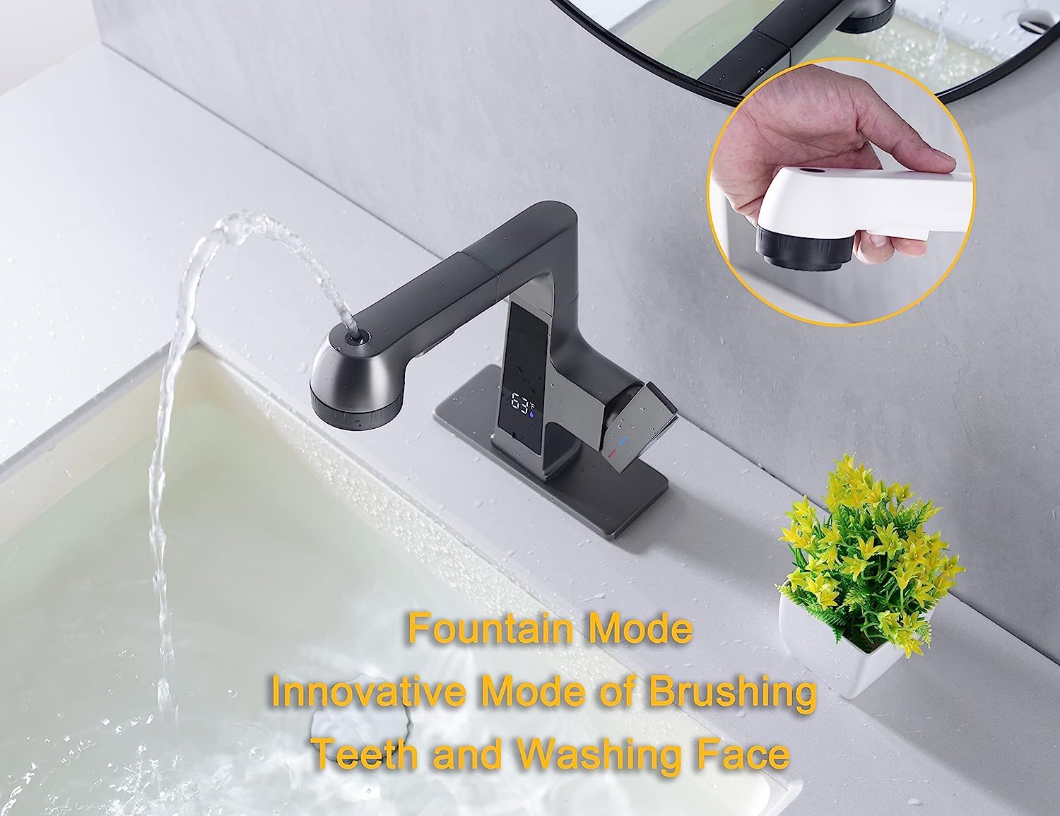 Qeemee LED Bathroom Faucet with Pull Out Sprayer - Grey Digital Temperature Display Sink Faucet with 5 Water Flow Modes, Single Handle RV Vanity Faucet for 1 or 3 Hole Installation - Perfect for Modern Bathrooms, Kitchen Sinks, and RV Living Spaces