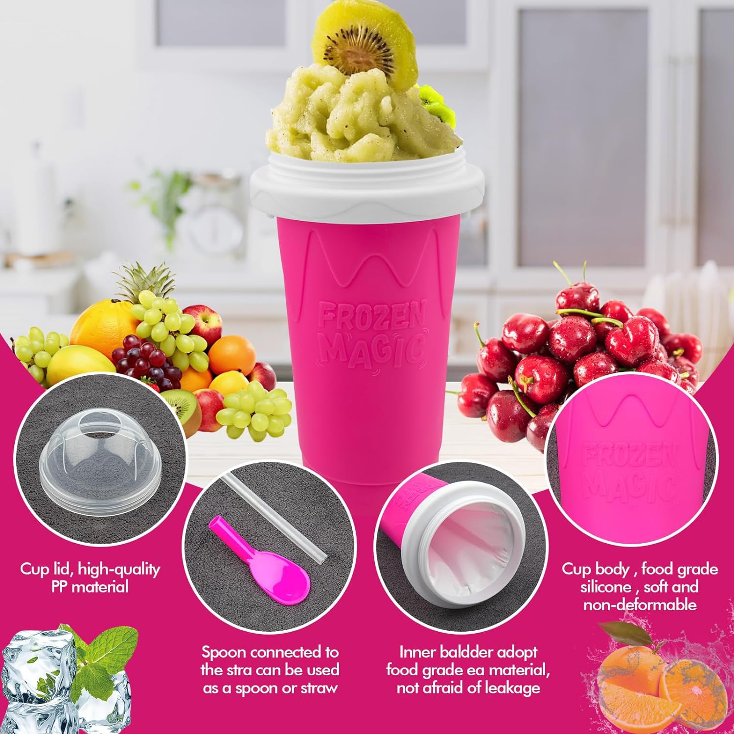 ALINK Silicone Slushy Maker - Quick Frozen Slushie Machine for Homemade Frappes (Pink) | Perfect for Summer Parties, Kids Treats & DIY Frozen Drinks at Home