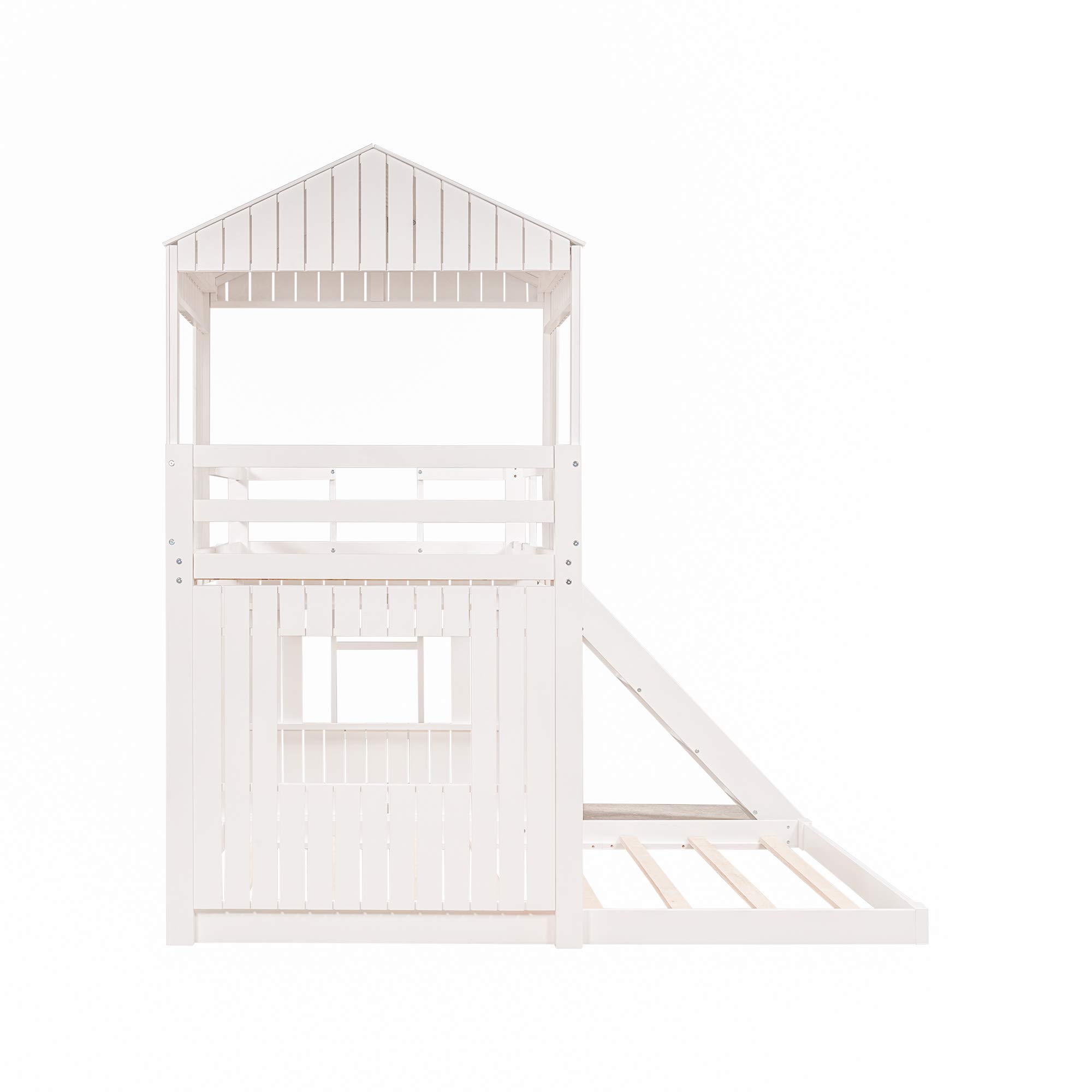Merax Twin Over Full Bunk Bed Frame with Slide - Sturdy Wooden House Design with Safety Guardrails & Ladder - Space-Saving Kids Bedroom Furniture for Boys, Girls, Teens - Perfect for Shared Rooms, Sleepovers & Small Spaces