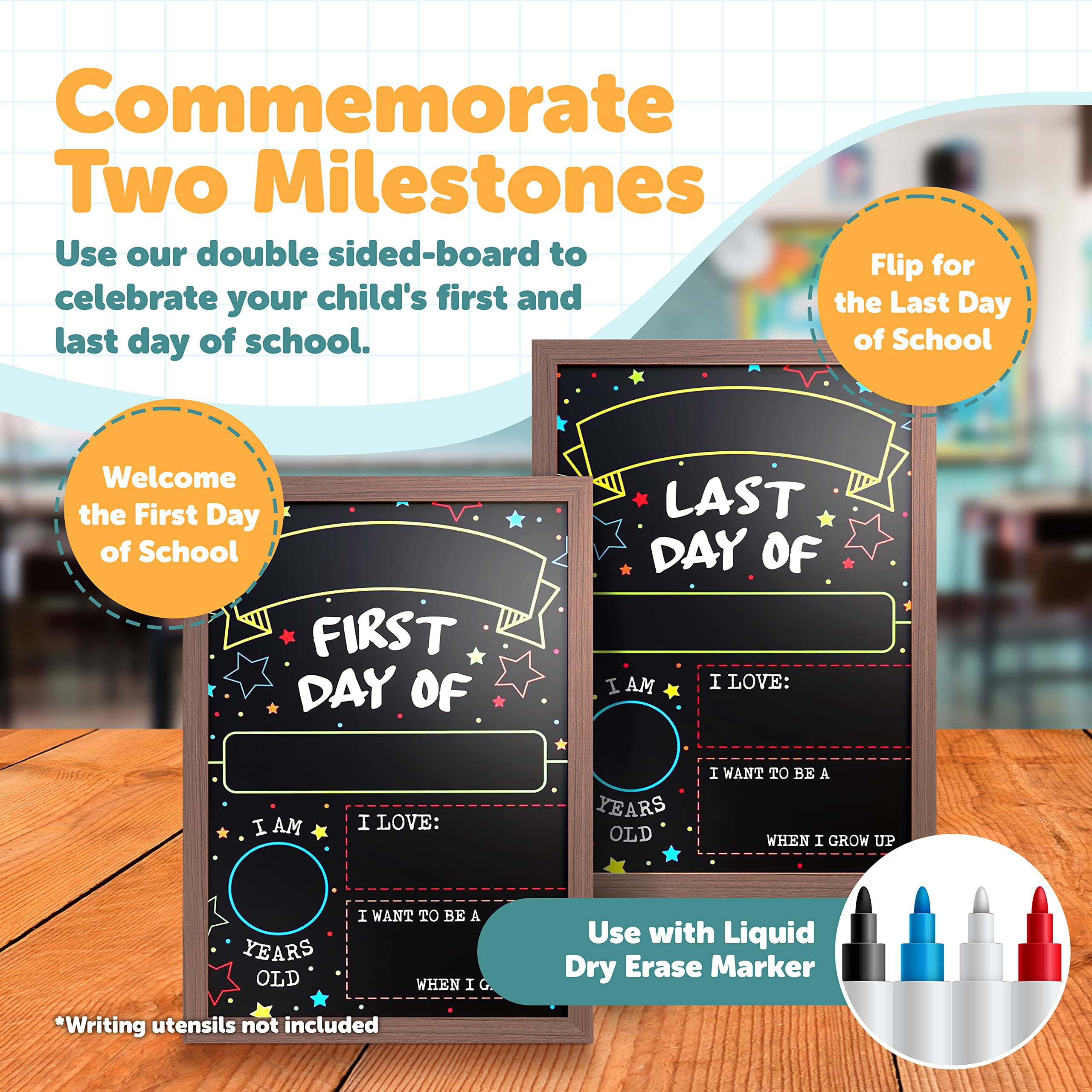 First Day Last Day of School Sign - Double Sided Reusable Dry Erase Board with Frame (9.17