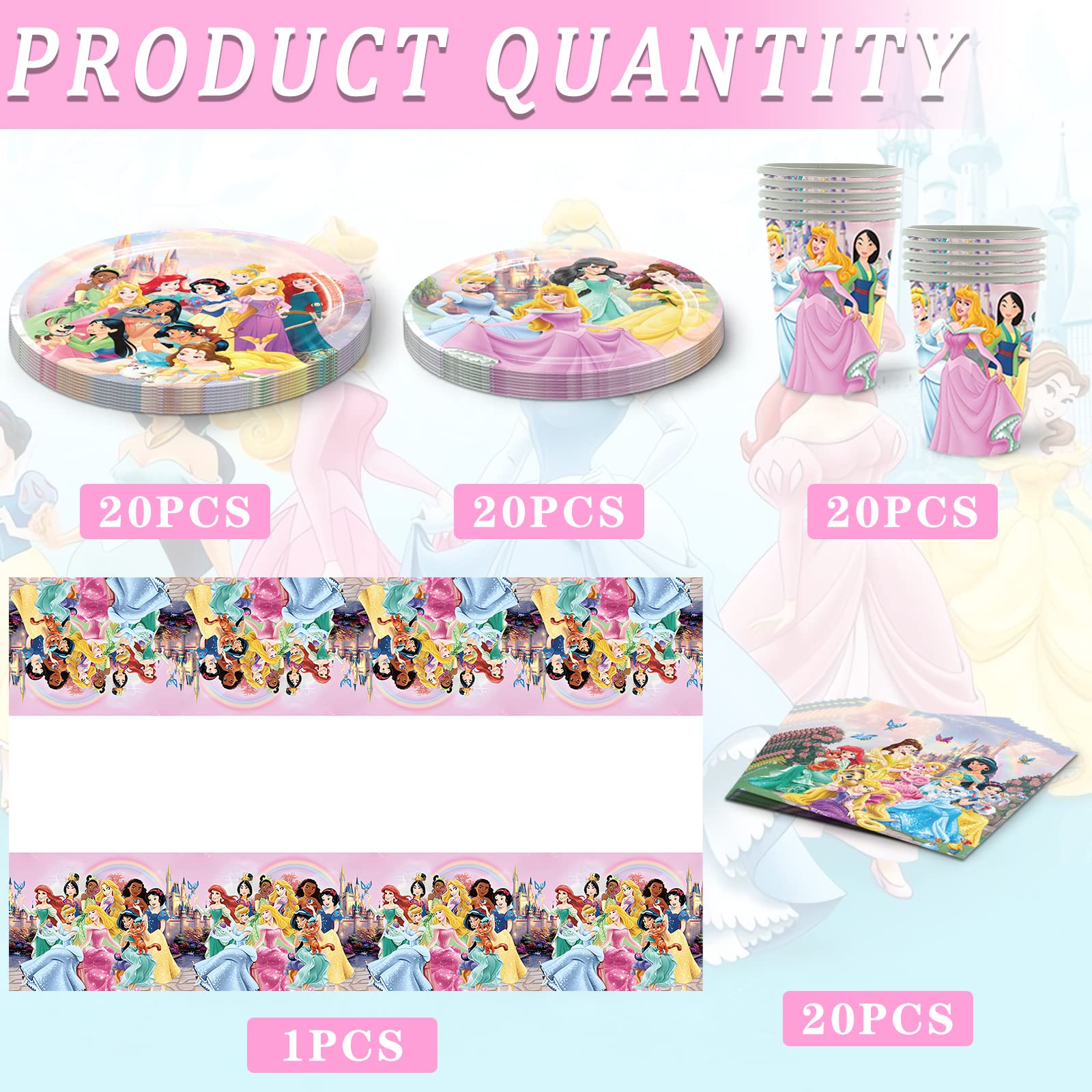 81 PCS Princess Birthday Party Supplies Set - 40 Plates, 20 Napkins, 20 Paper Cups & 1 Table Cover for Girls Boys Birthday Party, Baby Shower, Princess Theme Decorations - Perfect for Birthday Celebrations, Baby Showers & Princess Themed Events