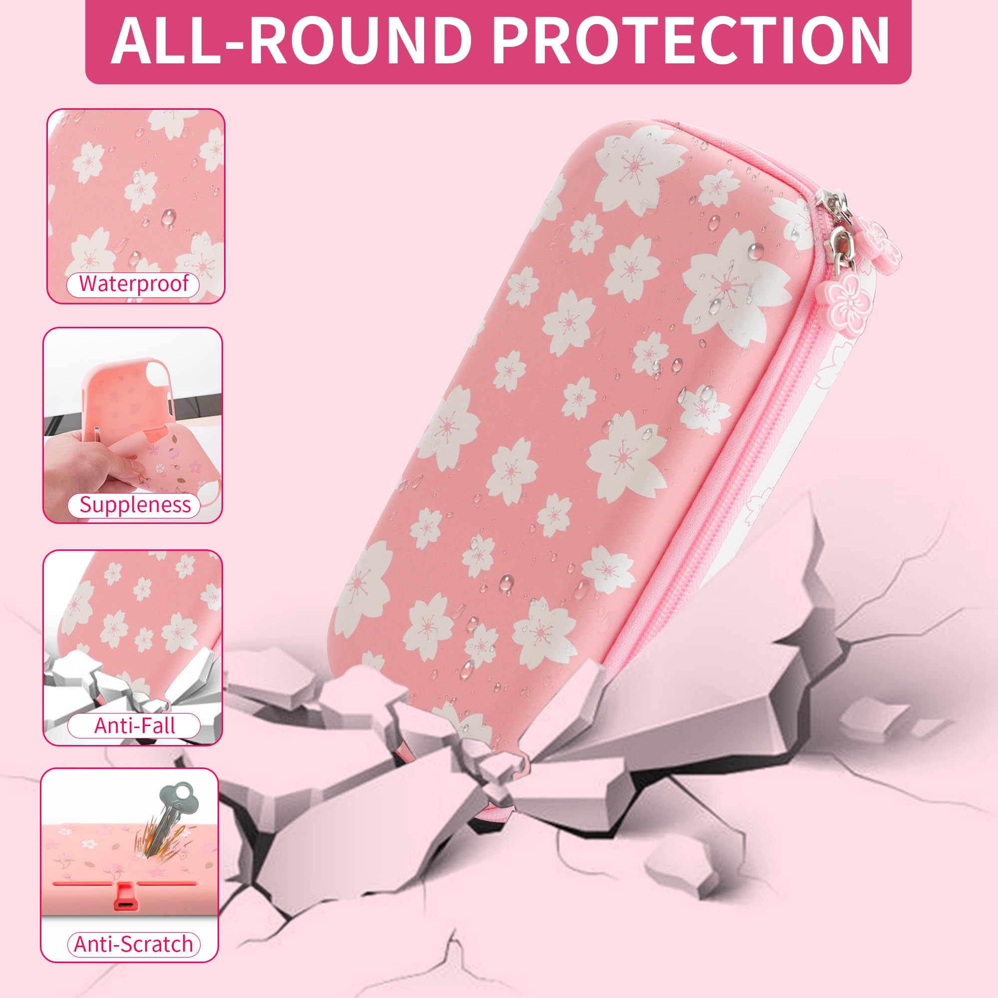 **FUNDIARY Pink & White Nintendo Switch Lite Travel Case with Sakura Design - Slim Storage Bag, Silicone Cover, Screen Protector, Handle Strap & 2 Thumb Caps - Perfect for Gaming On-The-Go & Travel Accessories**