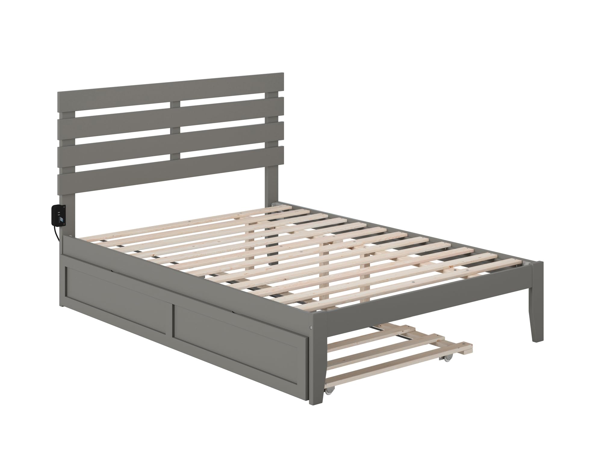 AFI Oxford Full Bed Frame with USB Turbo Charger & Twin Trundle - Grey Modern Platform Bed for Guest Rooms & Small Spaces | Fast Charging Station | Space-Saving Storage Solution