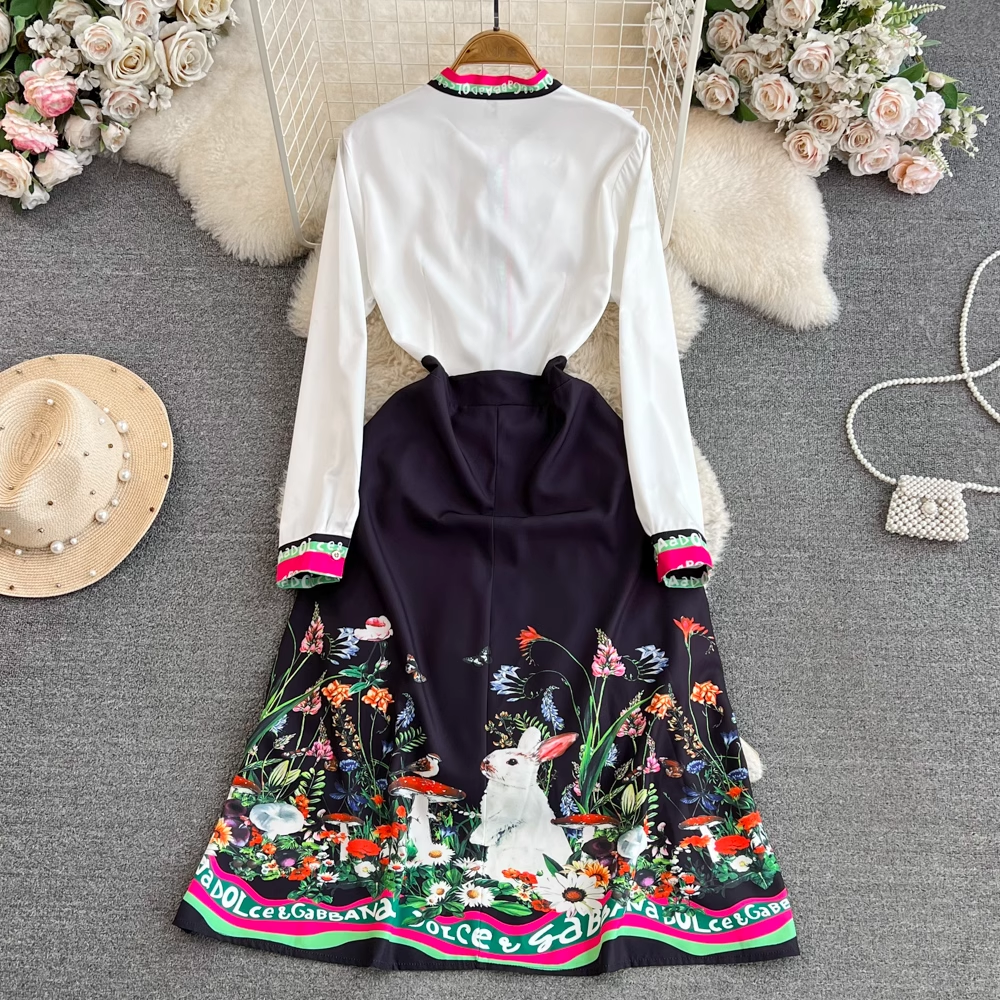 Elegant Long Sleeve Bow Tie Ruffled Rabbit Print A-Line Dress 1705 - Perfect for Easter, Spring Parties & Special Occasions