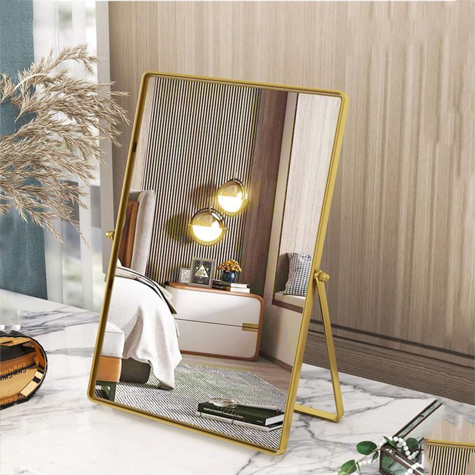 Adjustable Rectangular Desktop Vanity Makeup Mirror with Metal Stand - 90° Tilt Portable Standing Mirror for Bedroom, Living Room, Office & Bathroom | Perfect for Makeup, Grooming & Home Decor