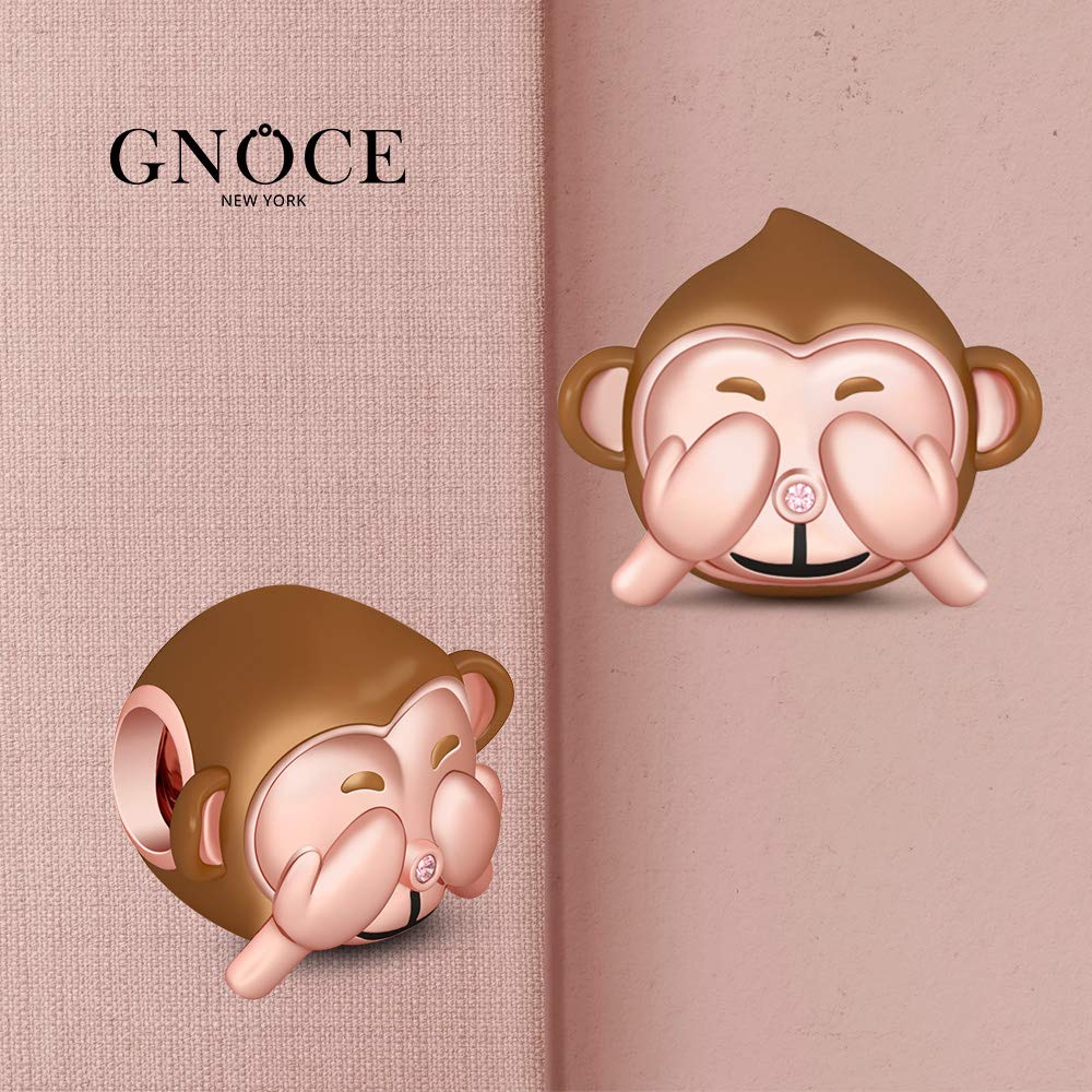 GNOCE 925 Sterling Silver Monkey Charm Bead - See No Evil Monkey Pendant with Pink Nose for Bracelet & Necklace | Champagne Plated Jewelry Gift for Women | Perfect for Birthdays, Anniversaries & Everyday Wear