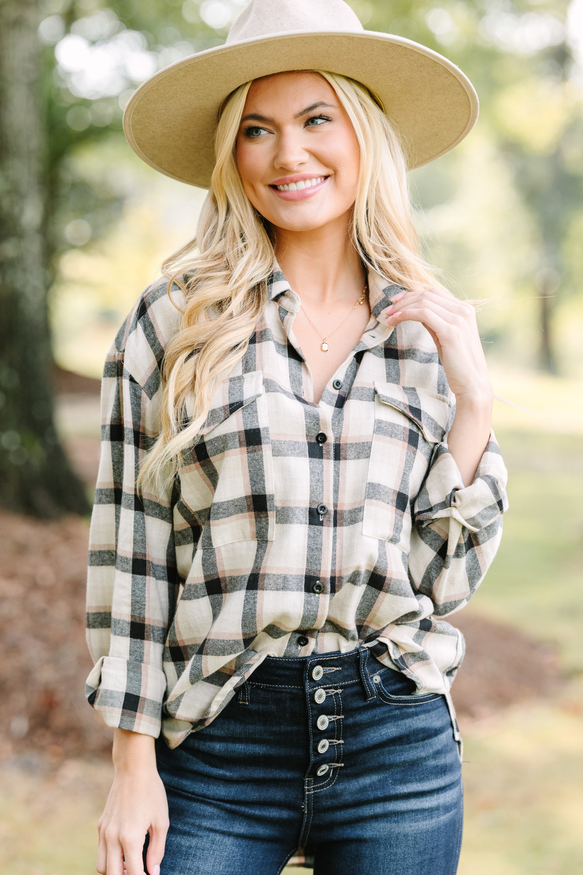 Stylish Tan Brown Plaid Button-Down Shirt for Women - Casual Office Wear & Autumn Layering