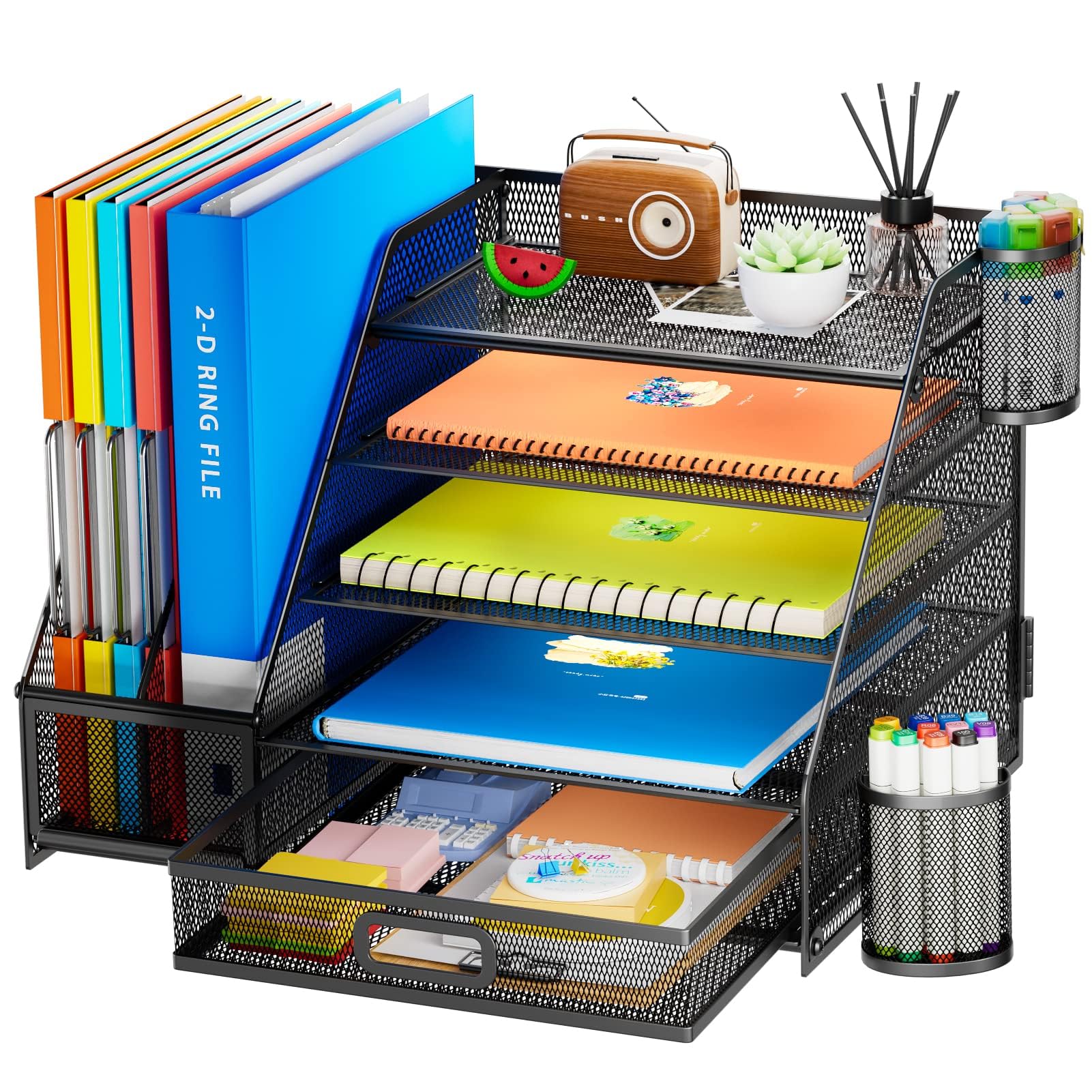 5-Tier Mesh Desk Organizer with File Holder & Drawer - Letter Tray, Pen Holders & Office Storage | Perfect for Home Office, School & Workspace Organization