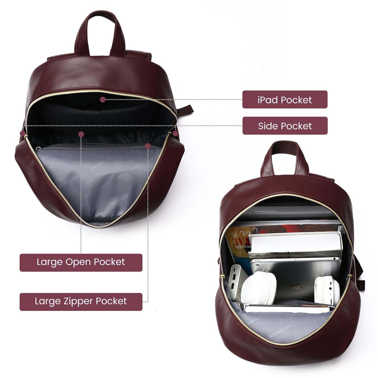 LOVEVOOK Women's Waterproof Mini Backpack Purse - Lightweight Small Backpack Set of 2 (Wine Red) - Perfect for Travel, Work, Gym & Daily Use