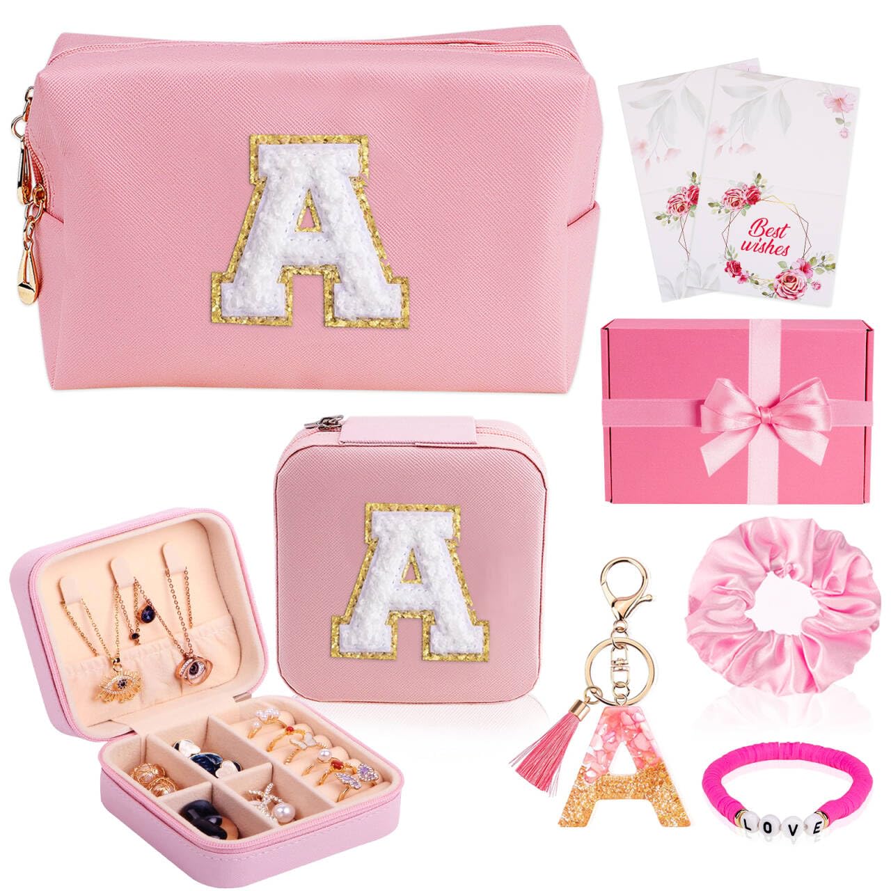 8PCS Personalized Initial Gifts for Women - Monogrammed Makeup Bag, Travel Jewelry Box & Letter Keychain Set - Perfect Birthday Gifts for Wife, Bridesmaids & Teen Girls - Ideal for Travel, Weddings & Special Occasions