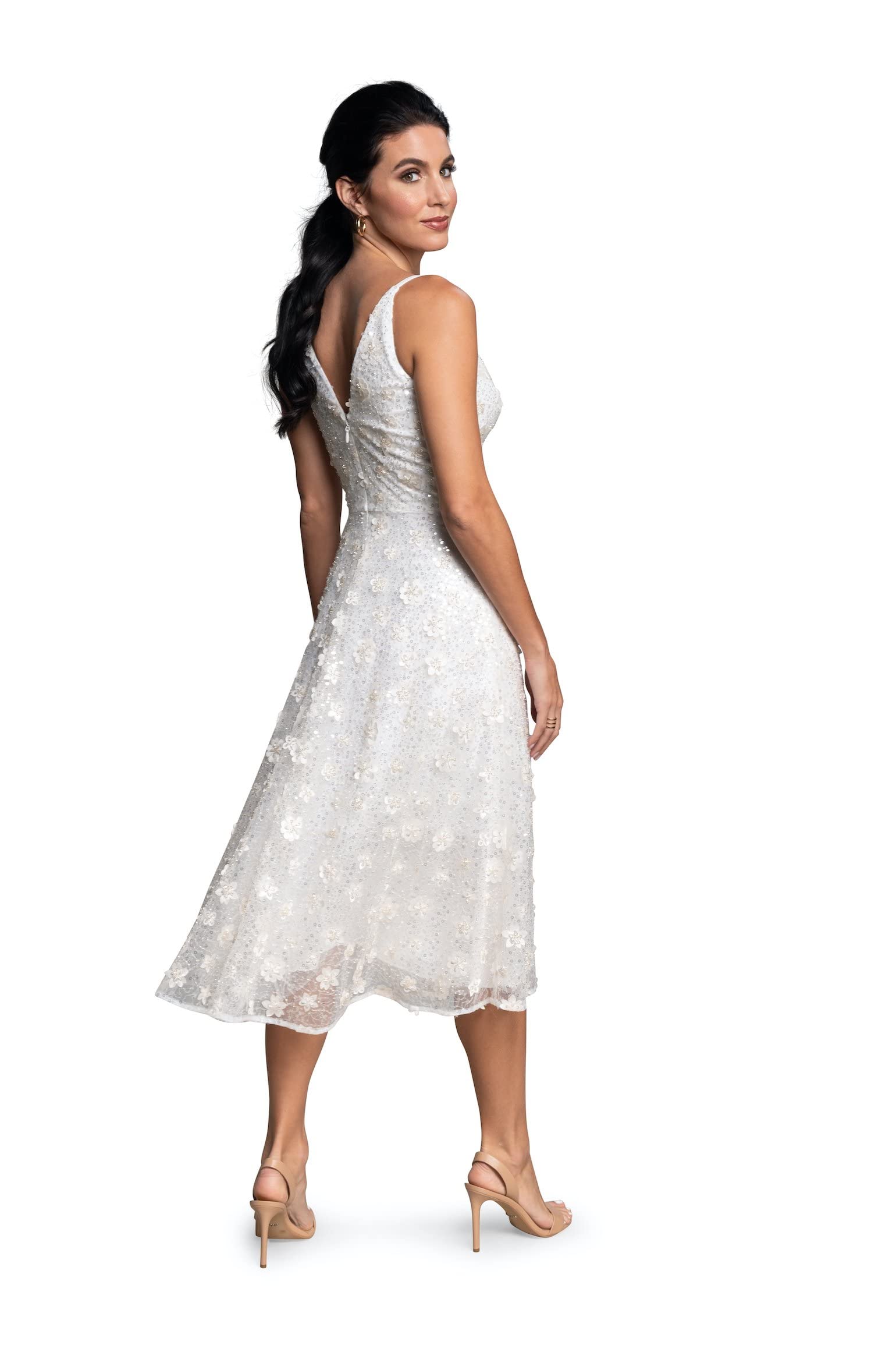 Dress the Population Women's Elisa Sleeveless Plunge Neckline Fit & Flare Midi Dress - Elegant Cocktail Party & Wedding Guest Dress for Special Occasions