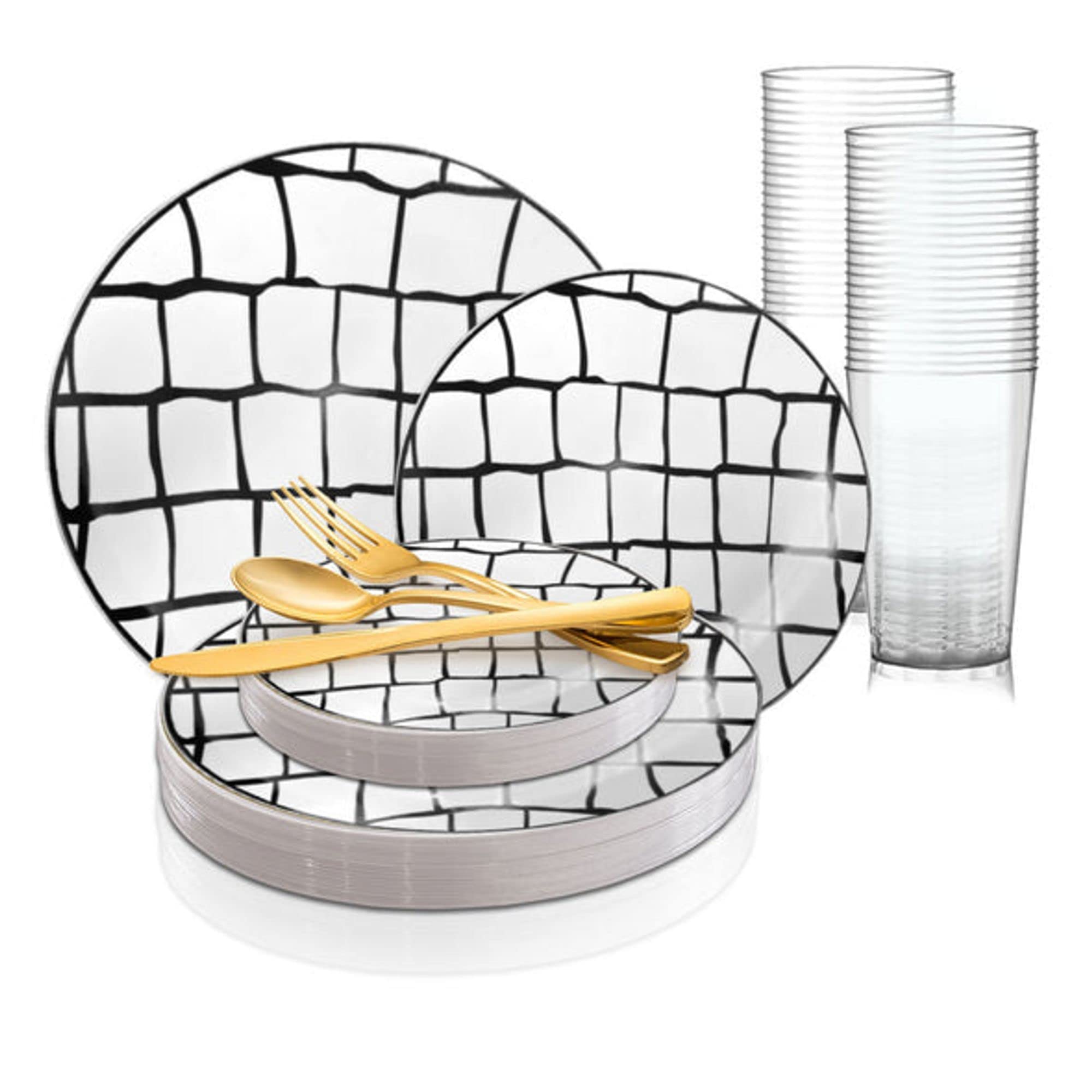 Disposable Plastic Party Set - 120pcs White & Black for Wedding & Events