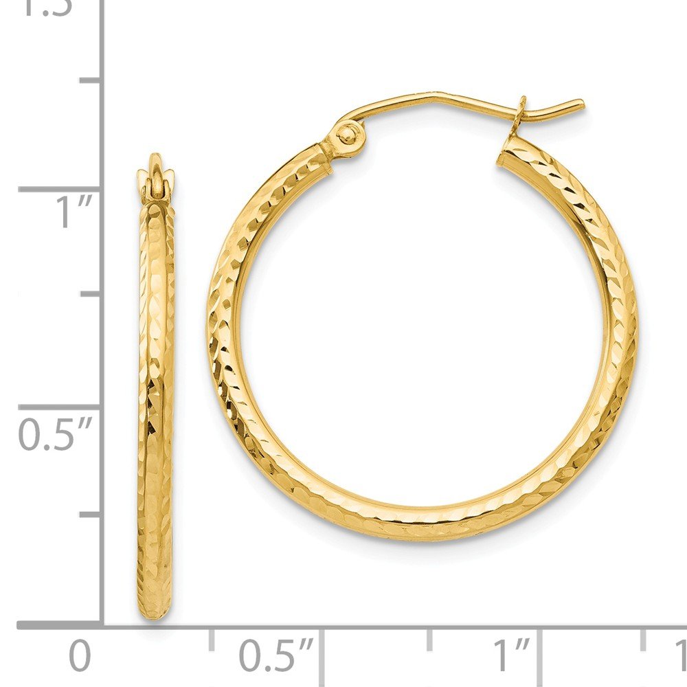 14K Yellow Gold Diamond-Cut 2mm Round Tube Hoop Earrings for Women - Classic Dainty Everyday Jewelry for Work, Date Night & Special Occasions