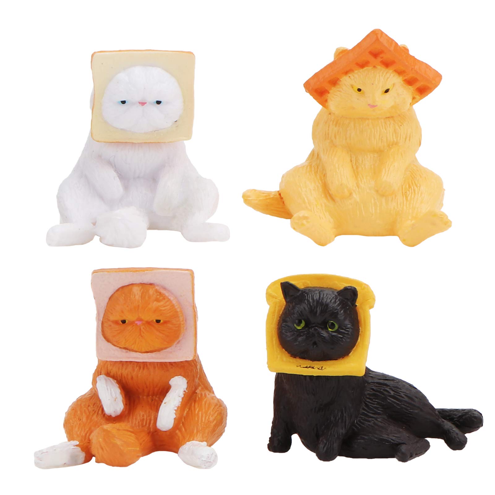 LUOZZY Cute Cat Figurines with Bread Toast Headband - 4-Piece Set for Desktop Decor, Photography Props, and Gift Ideas (Mixed Styles) - Perfect for Home, Office, and Party Decoration
