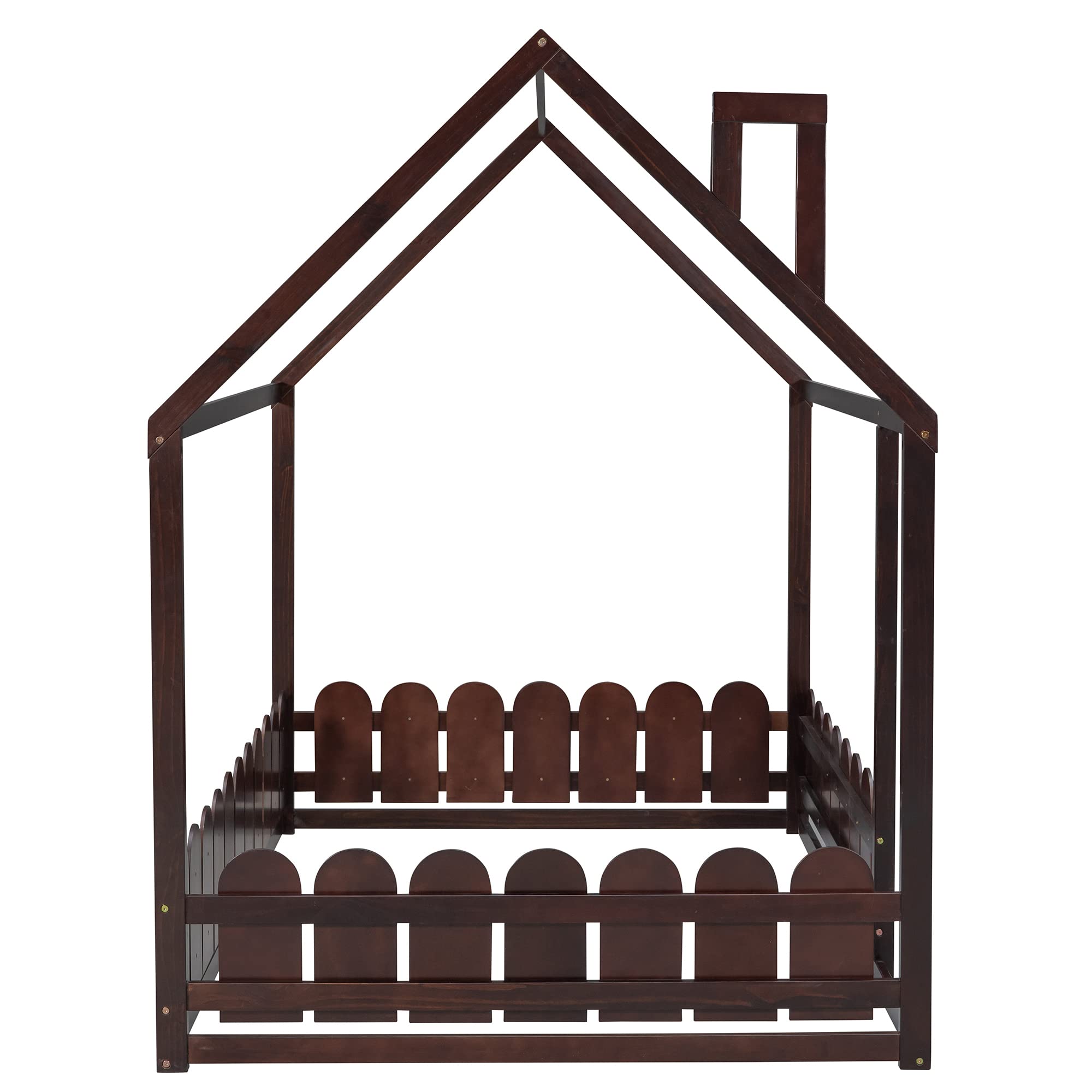 P PURLOVE Full Size Wooden House Bed Frame with Fence-Style Guardrails - No Slats Included - Espresso Finish - Perfect for Kids, Teens, Boys & Girls Bedrooms, Playrooms or Nursery Decor