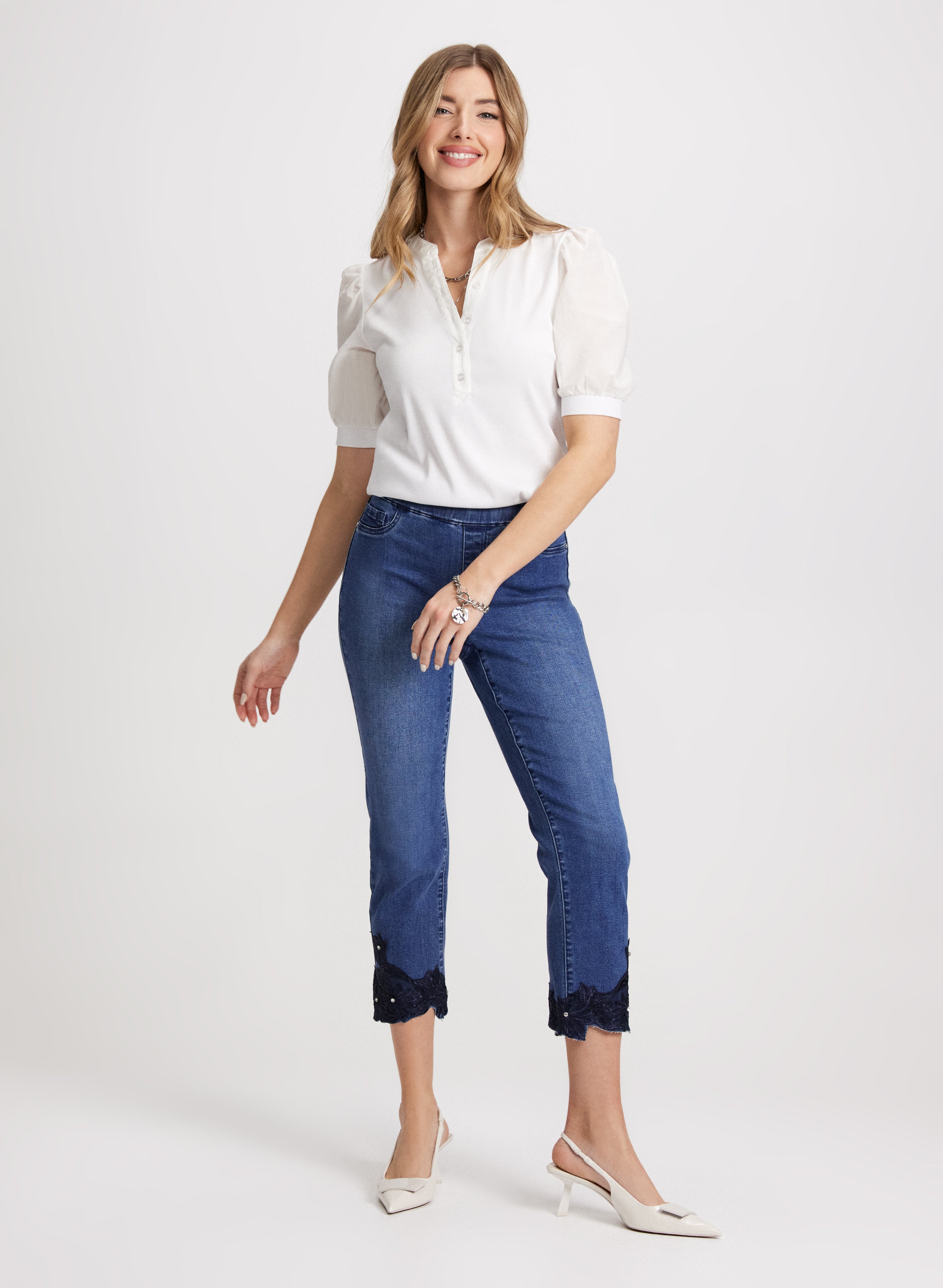 Embroidered Hem Straight Leg Jeans for Women - High Waist Denim Pants - Casual & Comfortable Jeans for Everyday Wear, Office, and Date Night