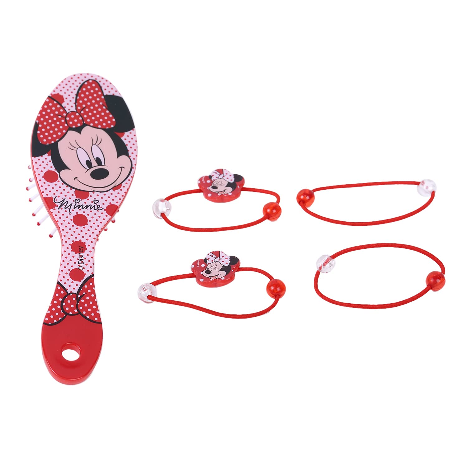 Minnie Mouse Hair Brush Set for Girls - 1 Brush & 4 Hair Elastics | Perfect for Toddlers 3+ | Disney Princess Hair Accessories for School, Parties & Daily Styling