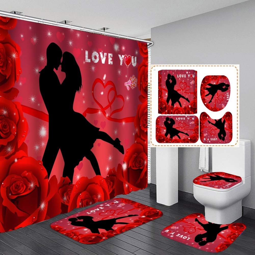 Forart 4 PCS Sweetheart Shower Curtain Set - Romantic Valentine's Day Bathroom Decor, Waterproof Polyester Fabric with Hooks - Perfect for Couples' Bathroom, Anniversary Gift & Wedding Shower Decor