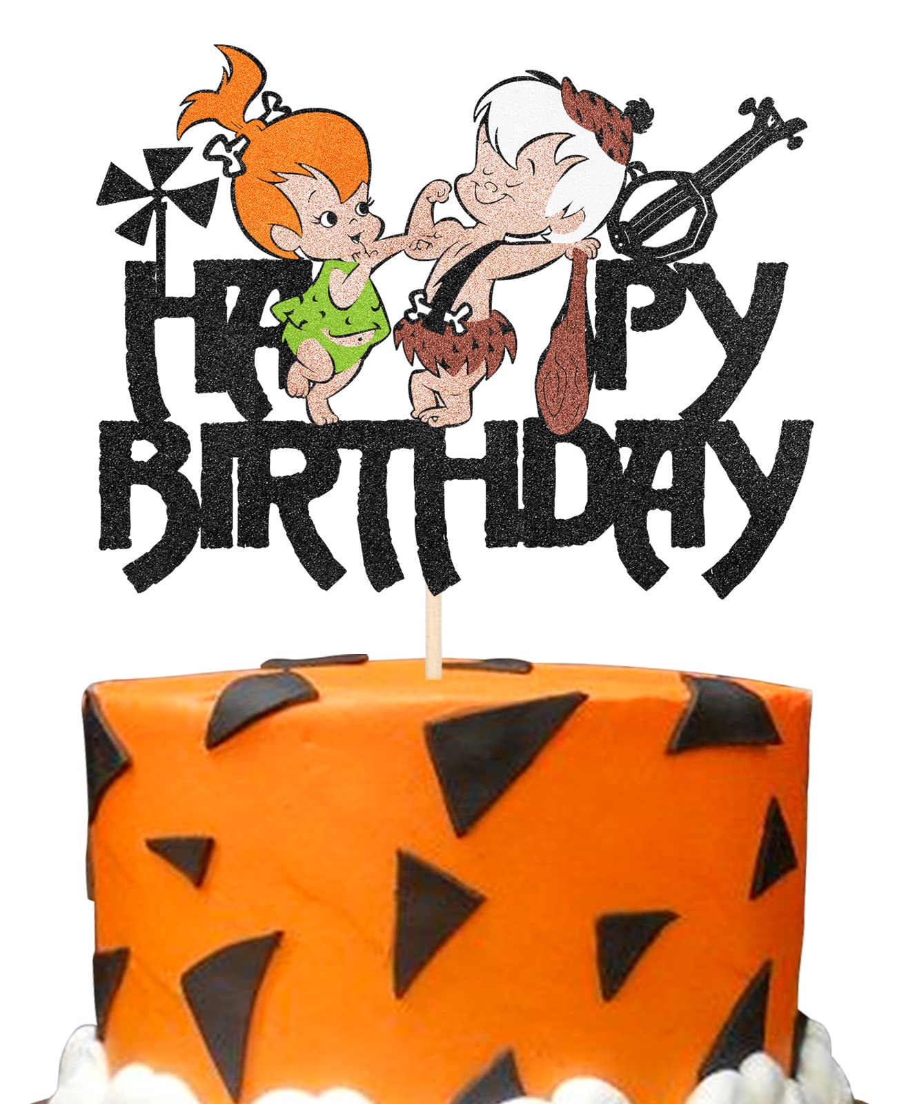 The Flintstones Cartoon Birthday Cake Topper - Black Stone Age Inspired Party Decorations for Boys & Girls (Pebbles & Bam Bam Theme) - Perfect for Birthday Parties, Baby Showers, and Themed Celebrations
