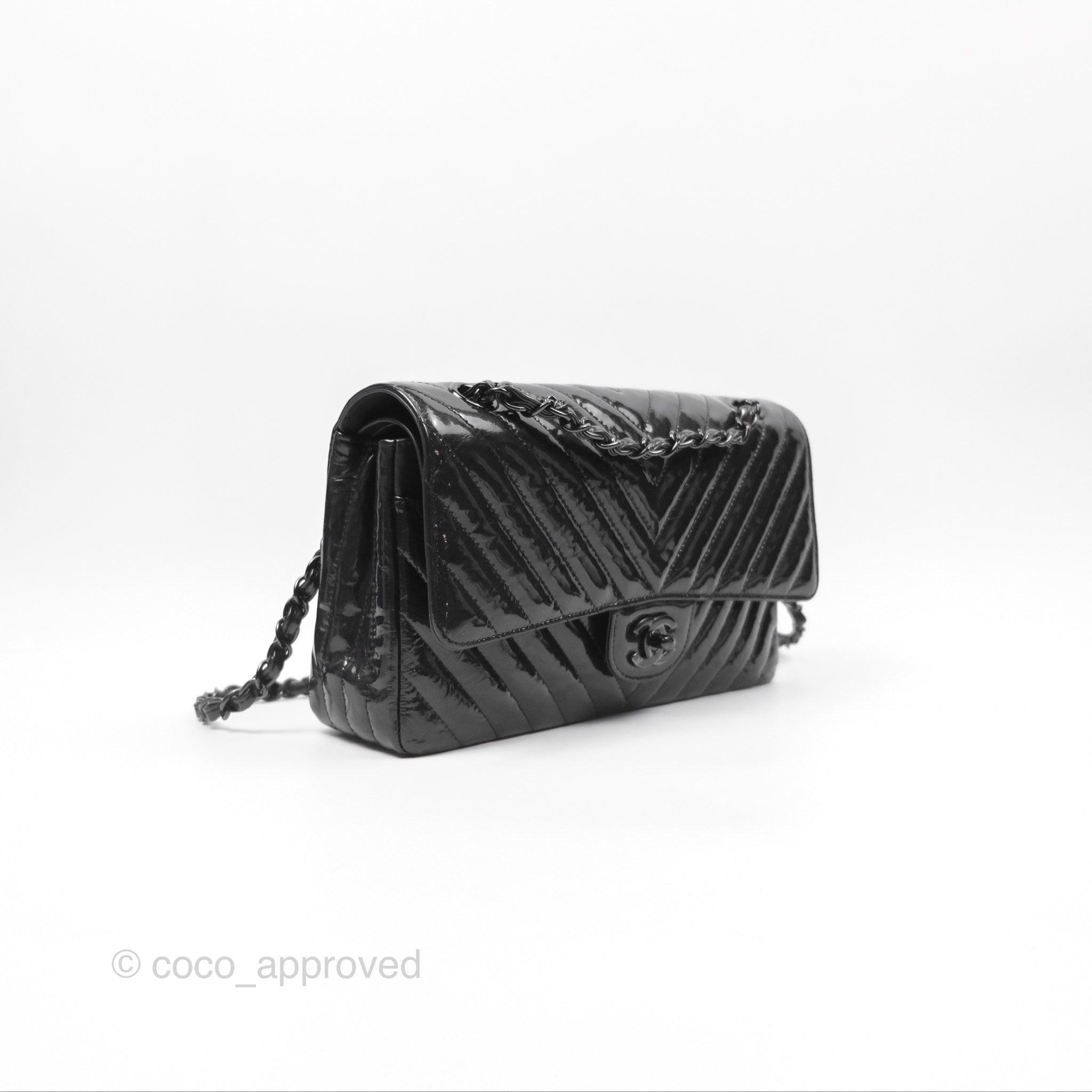 Chanel Classic Chevron M/L Medium Double Flap Bag in So Black Patent Calfskin Leather - Luxury Handbag for Women, Perfect for Evening Events & Special Occasions