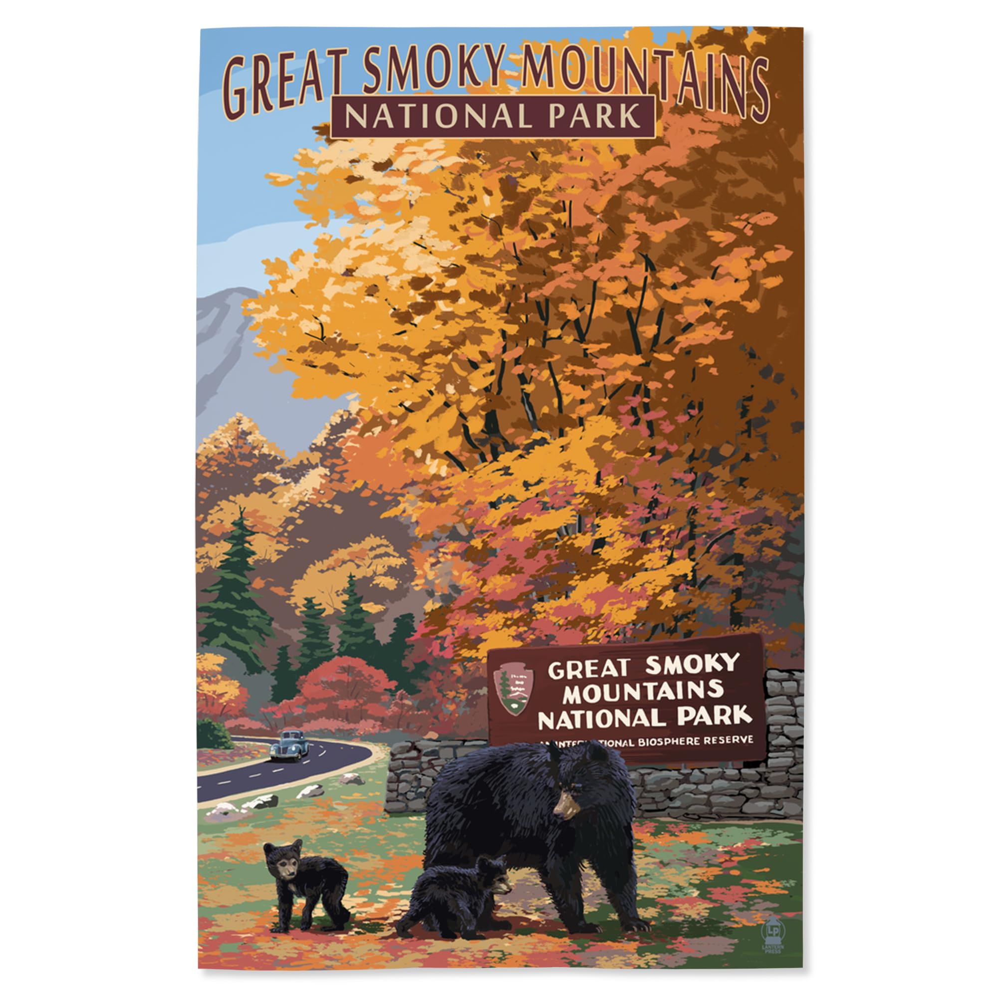 Lantern Press 16x24 Inch Giclee Art Print - Great Smoky Mountains National Park Landscape with Bear Family - Premium Wall Decor for Living Room, Bedroom & Office