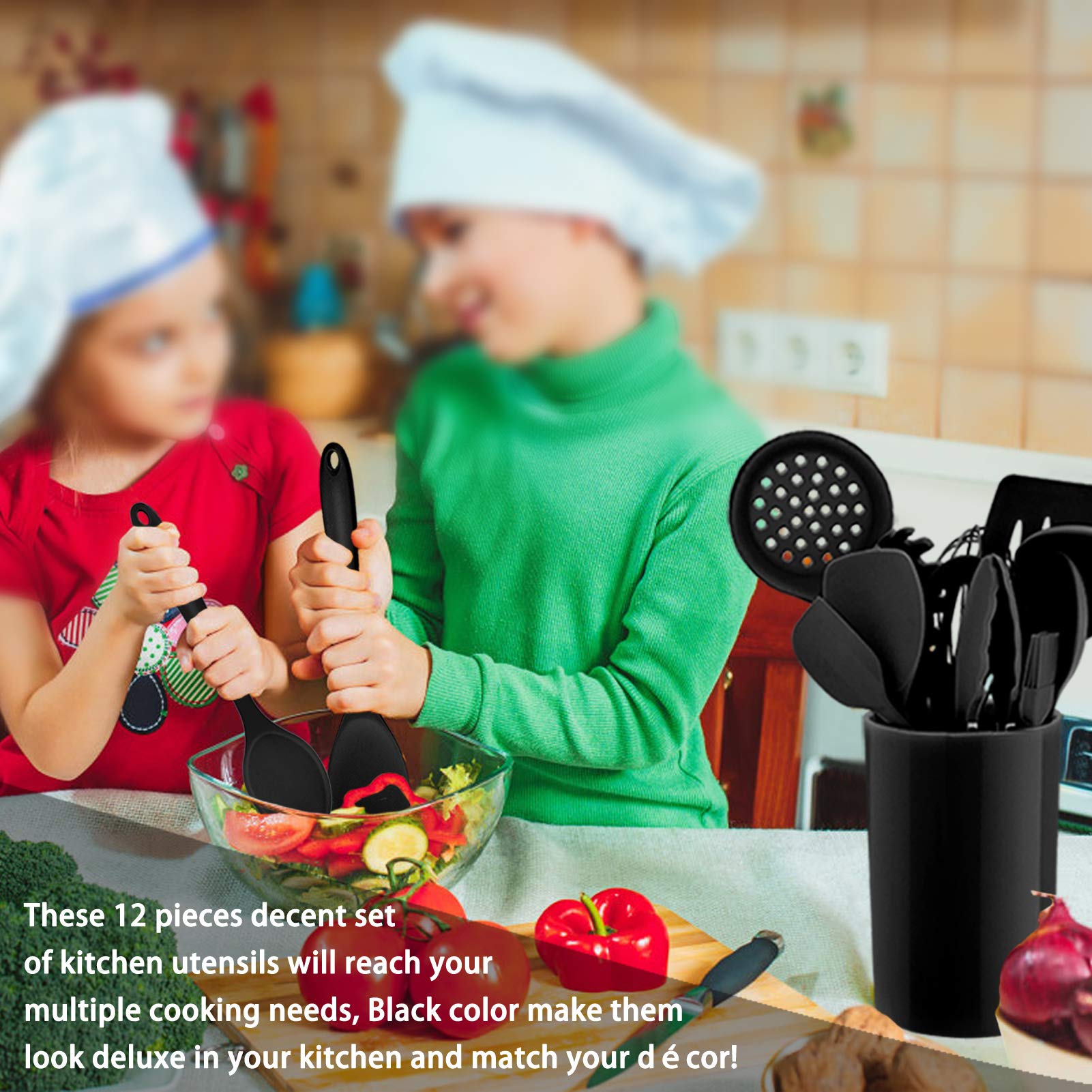 Homikit 12-Piece Silicone Kitchen Utensil Set with Holder - Heat Resistant Cooking Tools Including Spoon, Turner, Spatula, Ladle & Tongs for Non-Stick Cookware - Perfect for Baking, Frying & Everyday Cooking (Black)