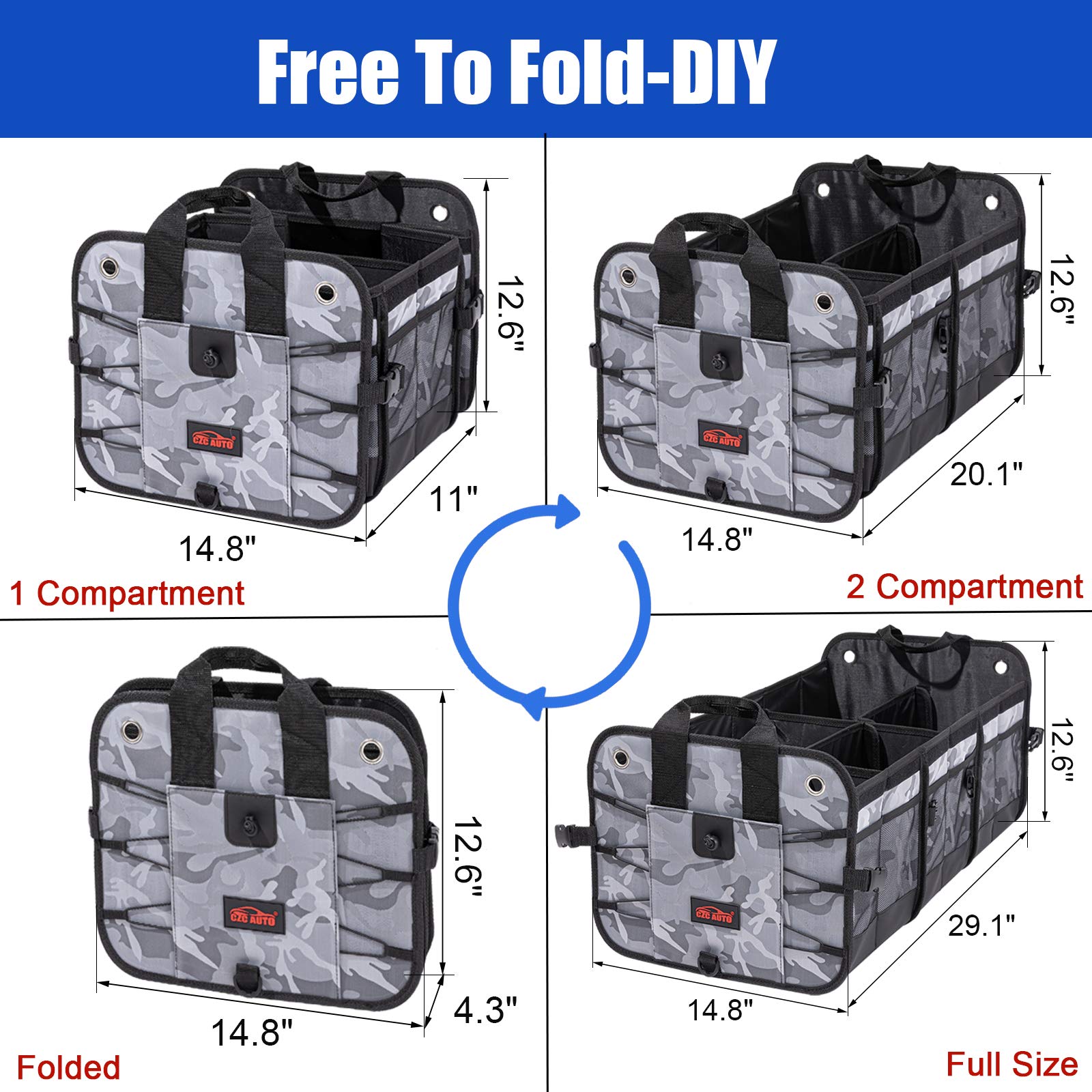 Collapsible Car Trunk Organizer with 6 Compartments - Waterproof Cargo Storage for SUV, Truck & Vehicle - Portable Auto Organizer (Camouflage) | Perfect for Road Trips, Grocery Shopping & Outdoor Adventures